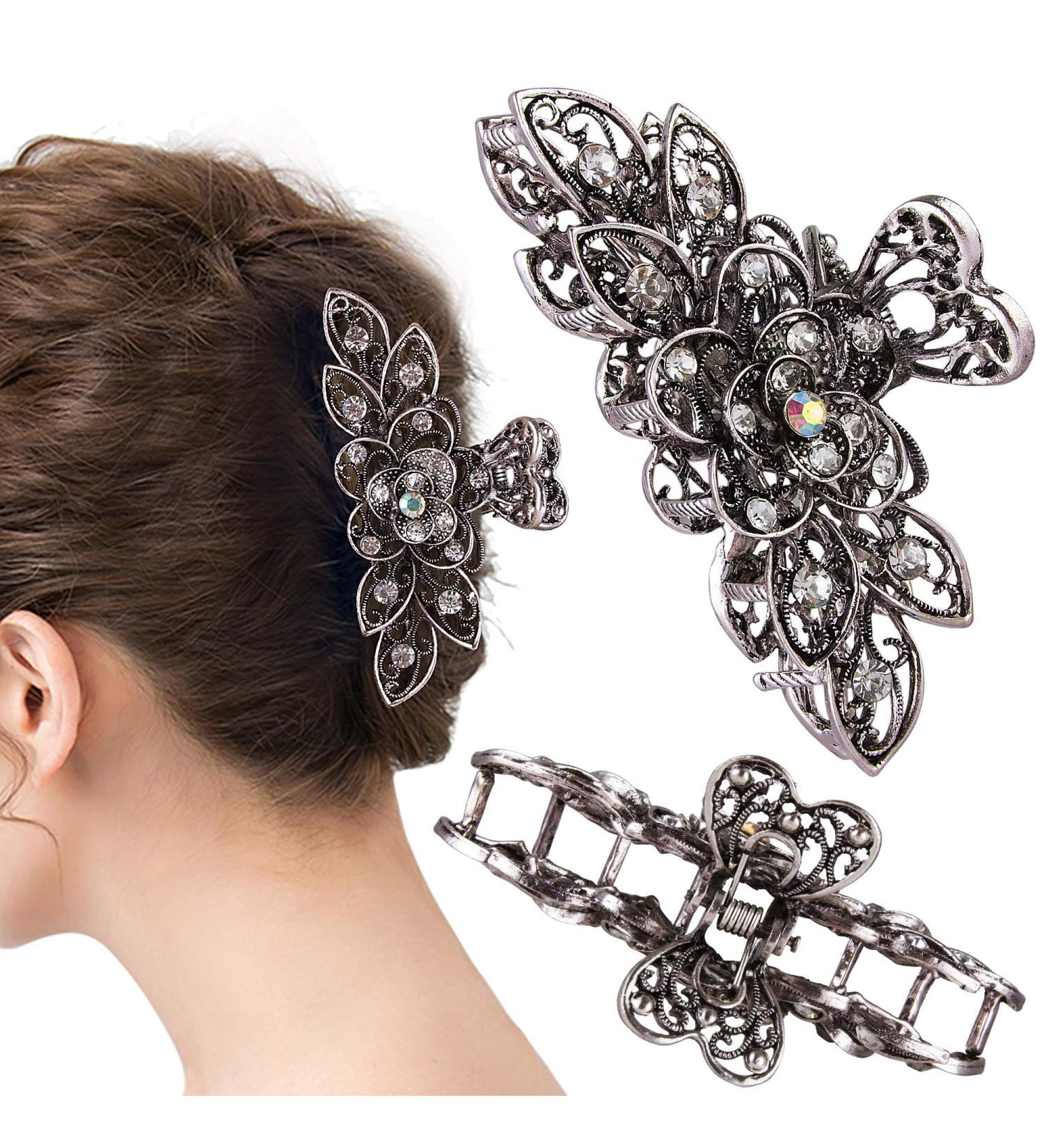 Fancy Hair Claw Jaw Clip Pin | Vintage Rhinestone Crystal Flowers Barrette for Women | White & Silver | Pack of 1 - Buy Online on GoSupps.com