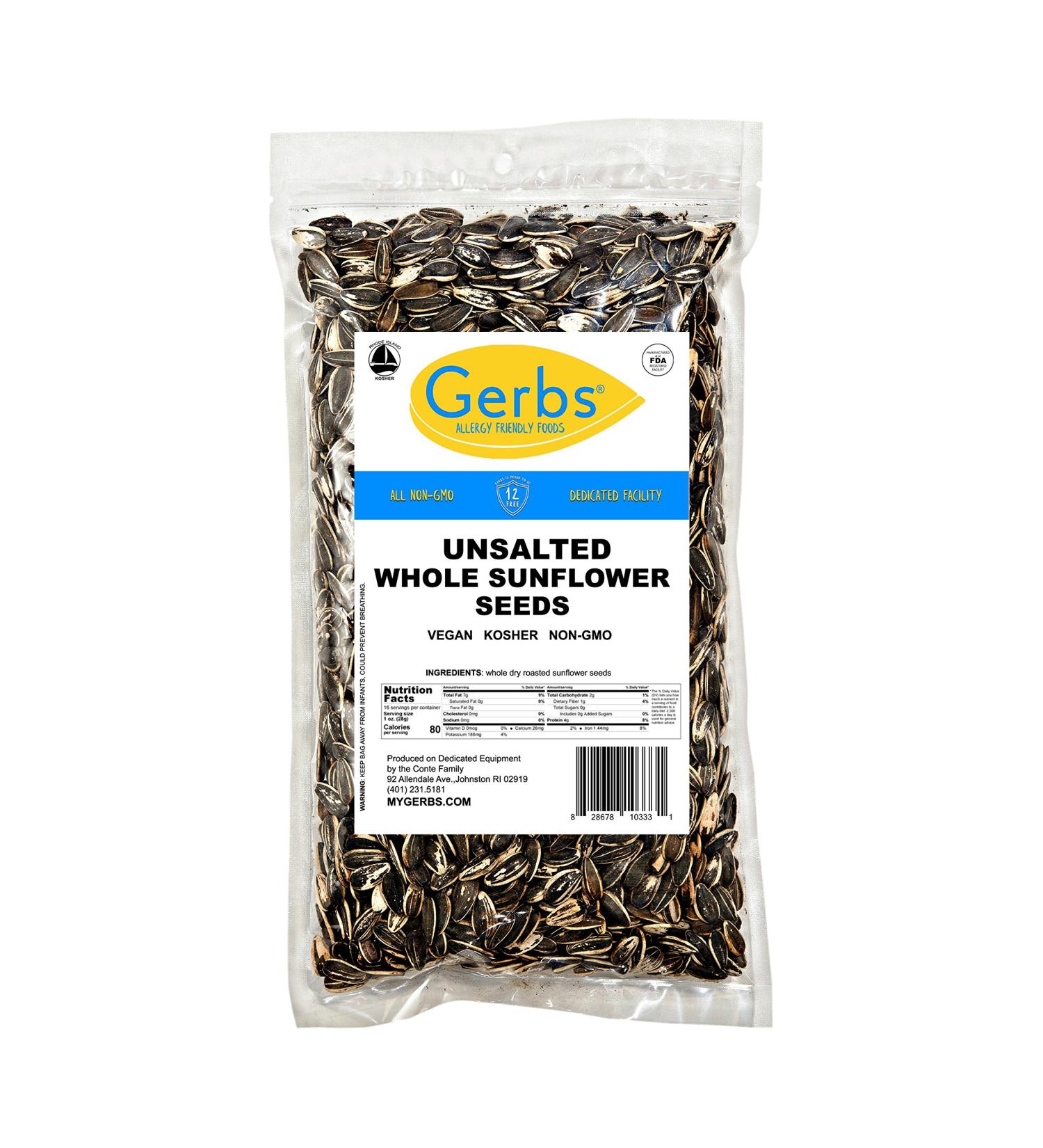 GERBS Unsalted Roasted Whole Sunflower Seed In Shell 1 lb - Top 14 Allergy Free Foods | Healthy Superfood Snack - Non GMO, Dry Roast, Gluten Free, Peanut Free, Vegan, Keto, Kosher - Resealable Bag - Buy Online on GoSupps.com
