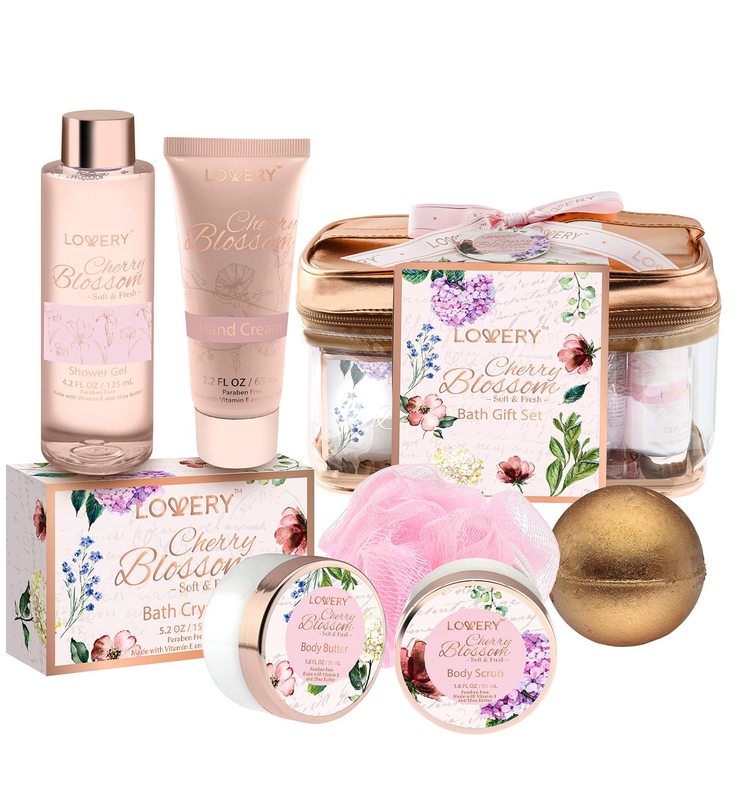 Luxurious Bath and Body Gift Basket for Women - Cherry Blossom Spa Set with Body Lotion Shower Gel Bath Bomb & More - Buy Online on GoSupps.com