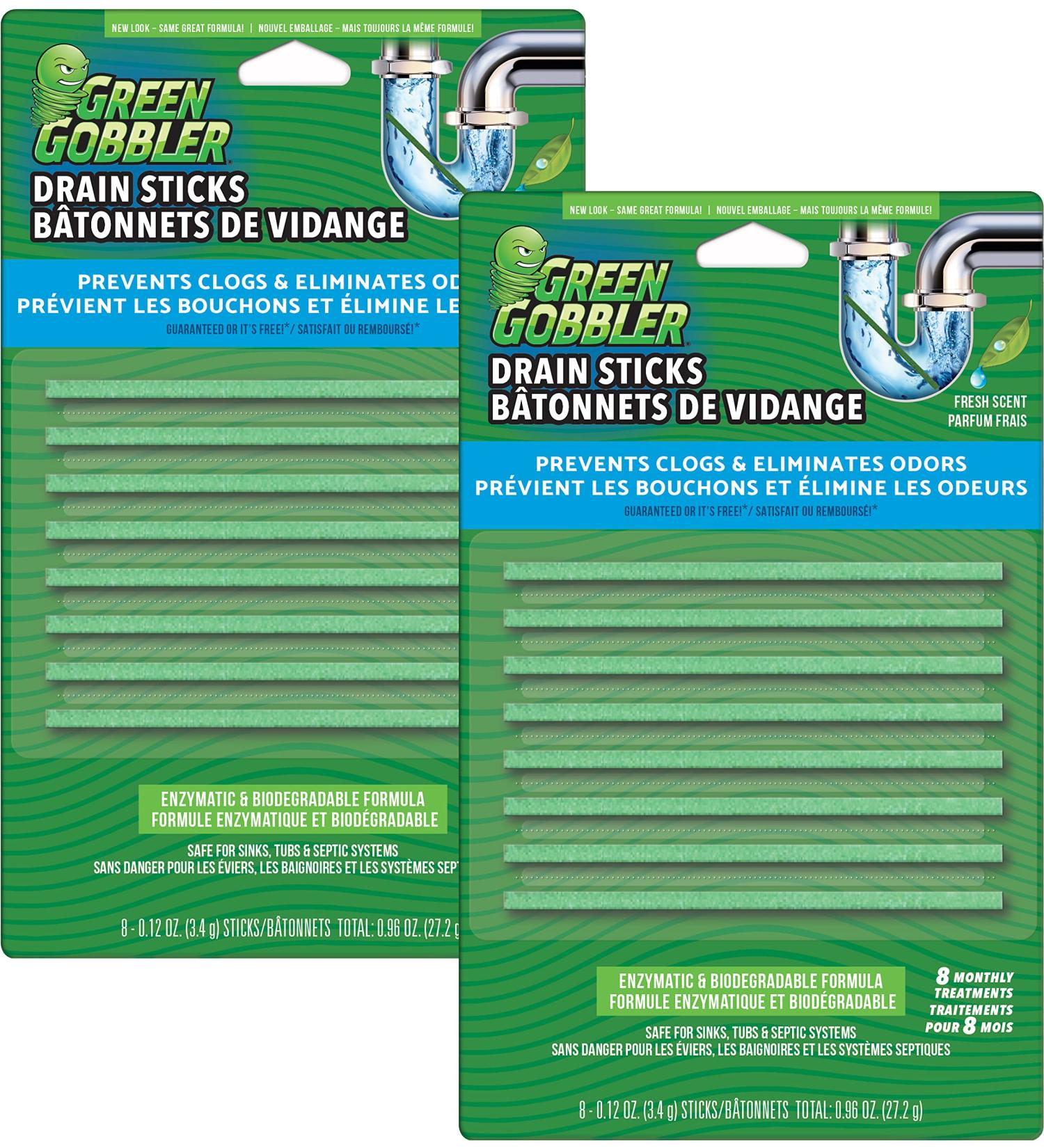 Green Gobbler Fresh Scent Drain Cleaner & Deodorizer Sticks- Prevents Sink & Shower Drain Clogs Prevents Odors Septic-Safe - 8 Count (2 PACK) - Buy Online on GoSupps.com