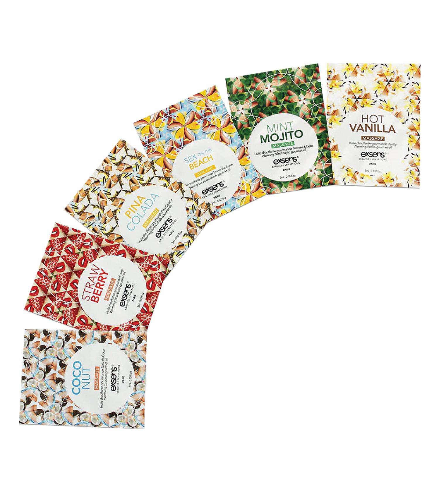 Exsens Gourmet Warming Massage Oil 6 Sampler Pack - 3ml Each - Non-Staining, All Natural, Vegan - Flavored Massage Oil - One Time Use - Pack of 6 - Buy Online on GoSupps.com