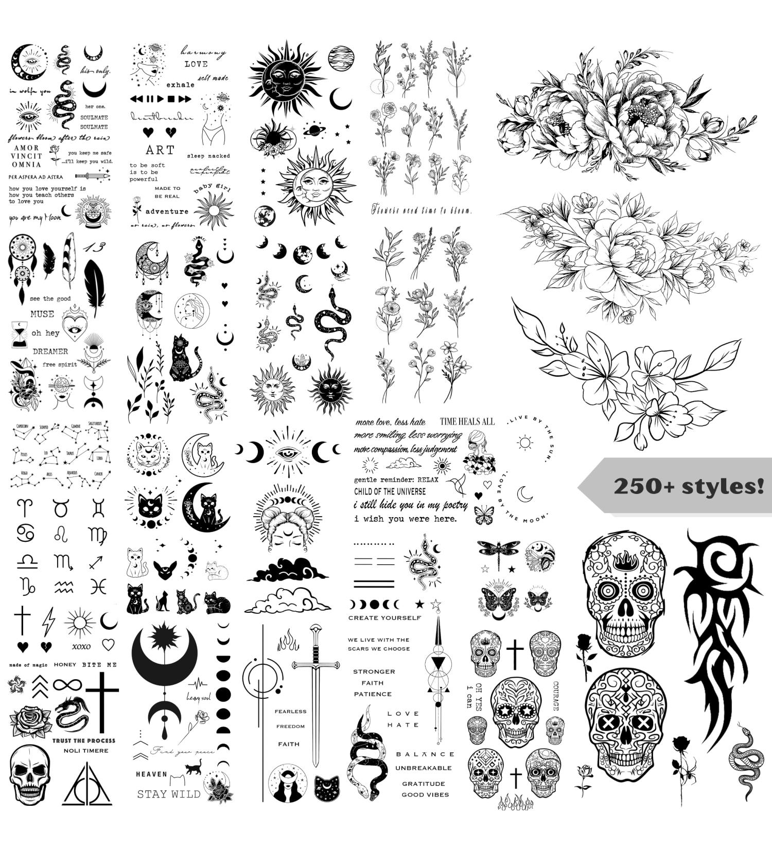 200 Mix & Match Realistic Temporary Tattoos - Minimalistic Designs for Men & Women | Butterfly, Moon, Stars, Inspirational Words, Flower, Skull, Snake | Adult Fake Tattoo Set - Buy Online on GoSupps.com