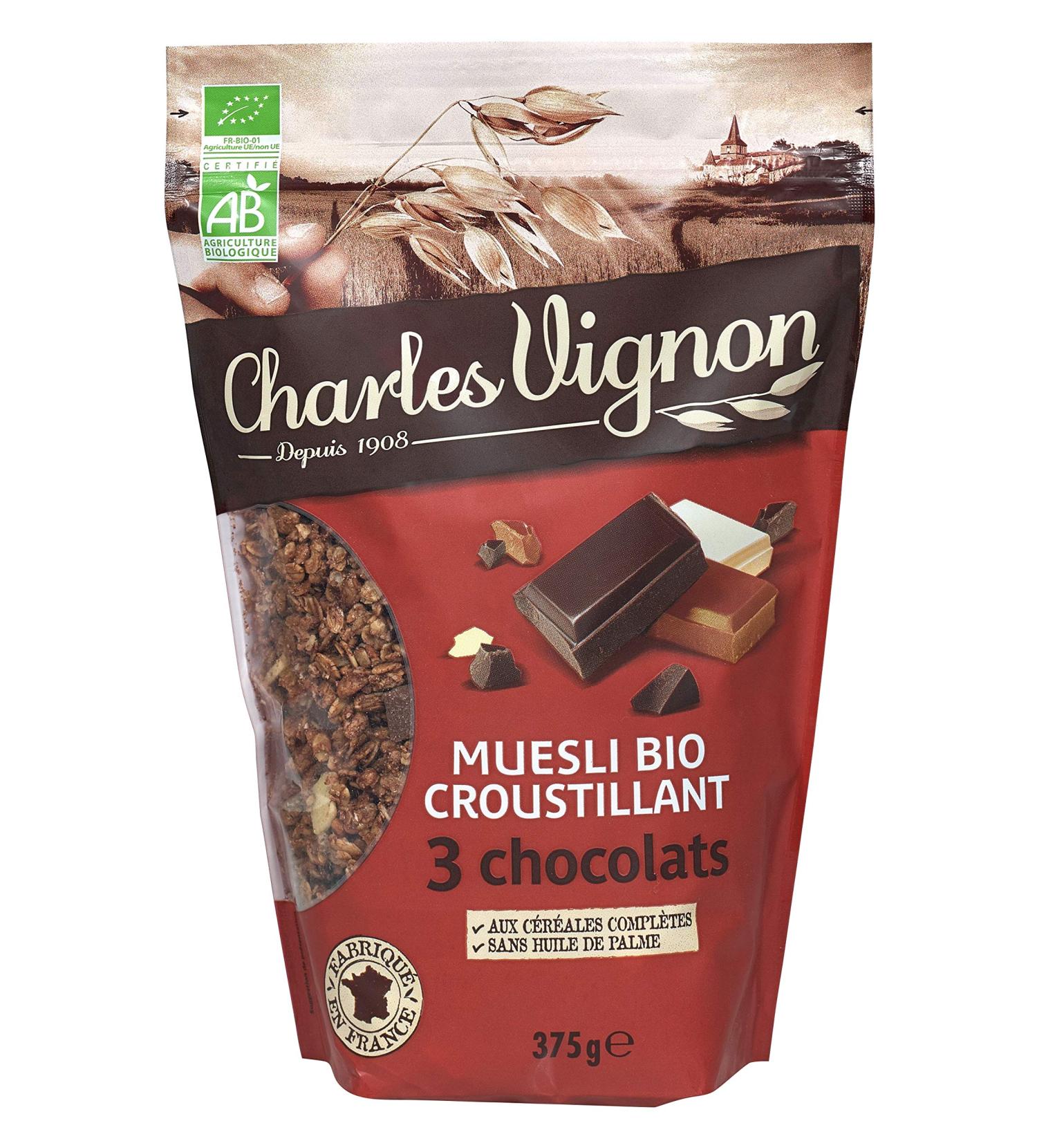 Charles Vignon - Crispy Organic Muesli with 3 Chocolates - 375g - Rich in Fiber Made in France Resealable Bag - Buy Online on GoSupps.com
