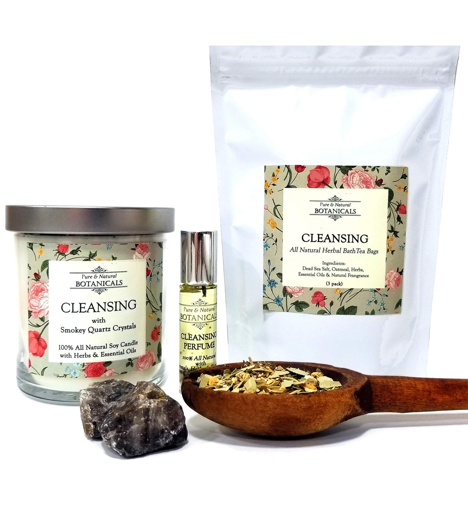 Cleansing Pure & Natural Ritual Kit 100% Natural & Non-Toxic for Purification Bad Energy & Spiritual Cleansing with 1 Candle a Roll-On Perfume & 3 Herbal Tea Bath Bags Pagan Hoodoo Conjure Wiccan