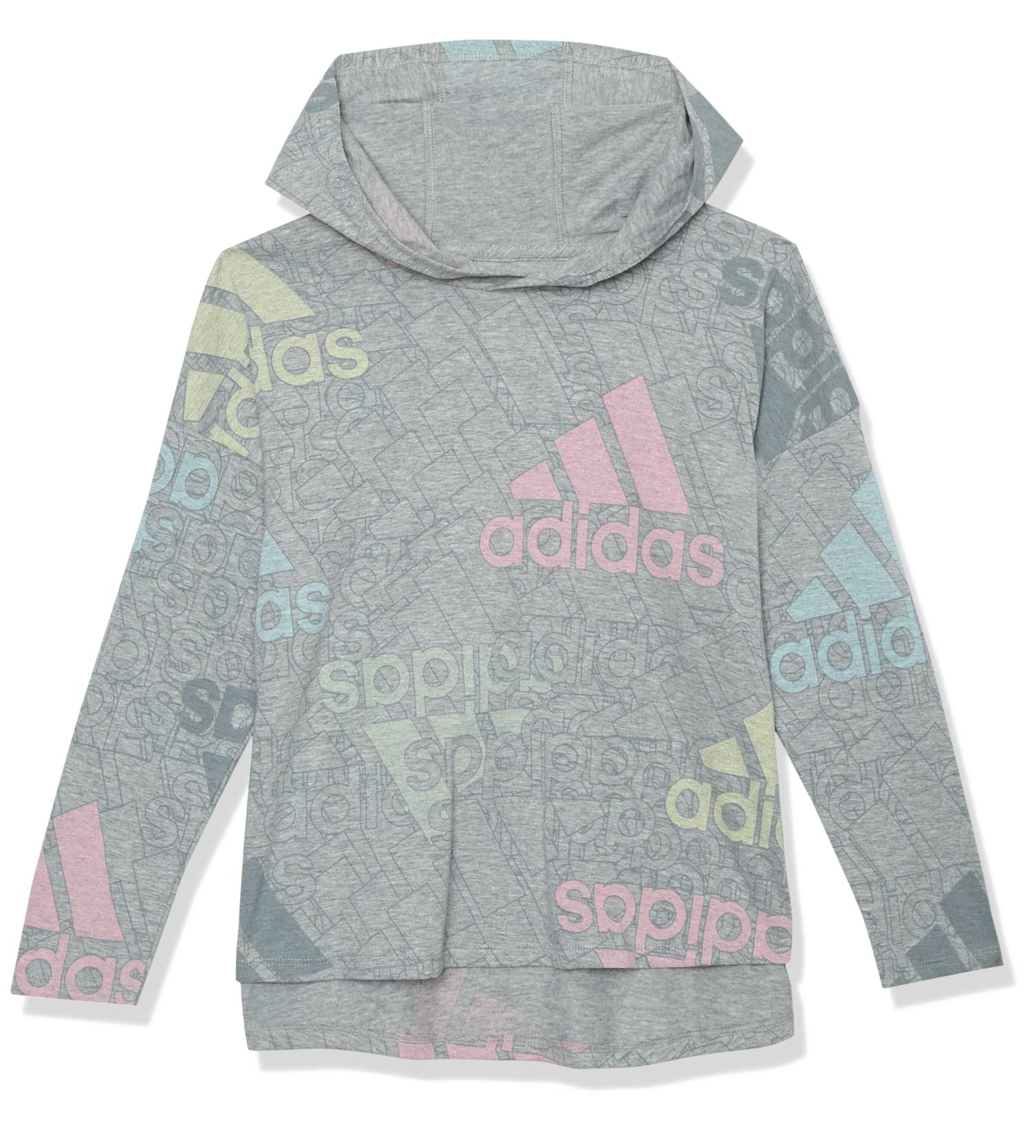 adidas Girls' Long Sleeve Hooded Heather Graphic Tee - Medium Grey Heather/Multicolor - Buy Online on GoSupps.com