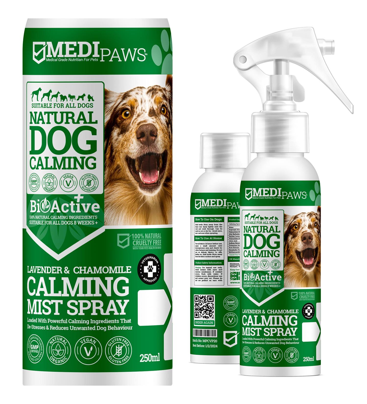 MediPaws Dog Calming Spray 250ml | Natural Solution for Dog Emotions, Barking & Aggression | Promotes Calmness During Fireworks, Separation & Vet Visits - Buy Online on GoSupps.com