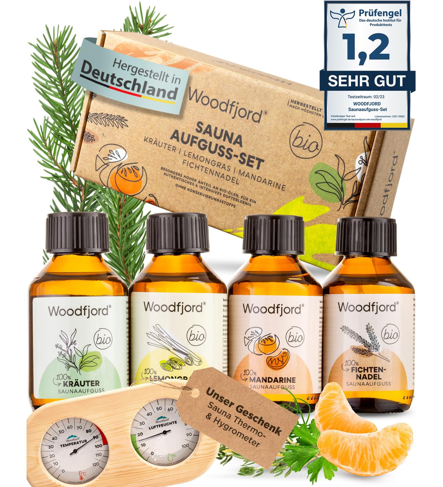 Woodfjord Sauna Infusion Set - Bio Natur | 4 Organic Sauna Fragrances & Oils Hygrometer Thermometer | Authentic Sauna Experience - Buy Online on GoSupps.com