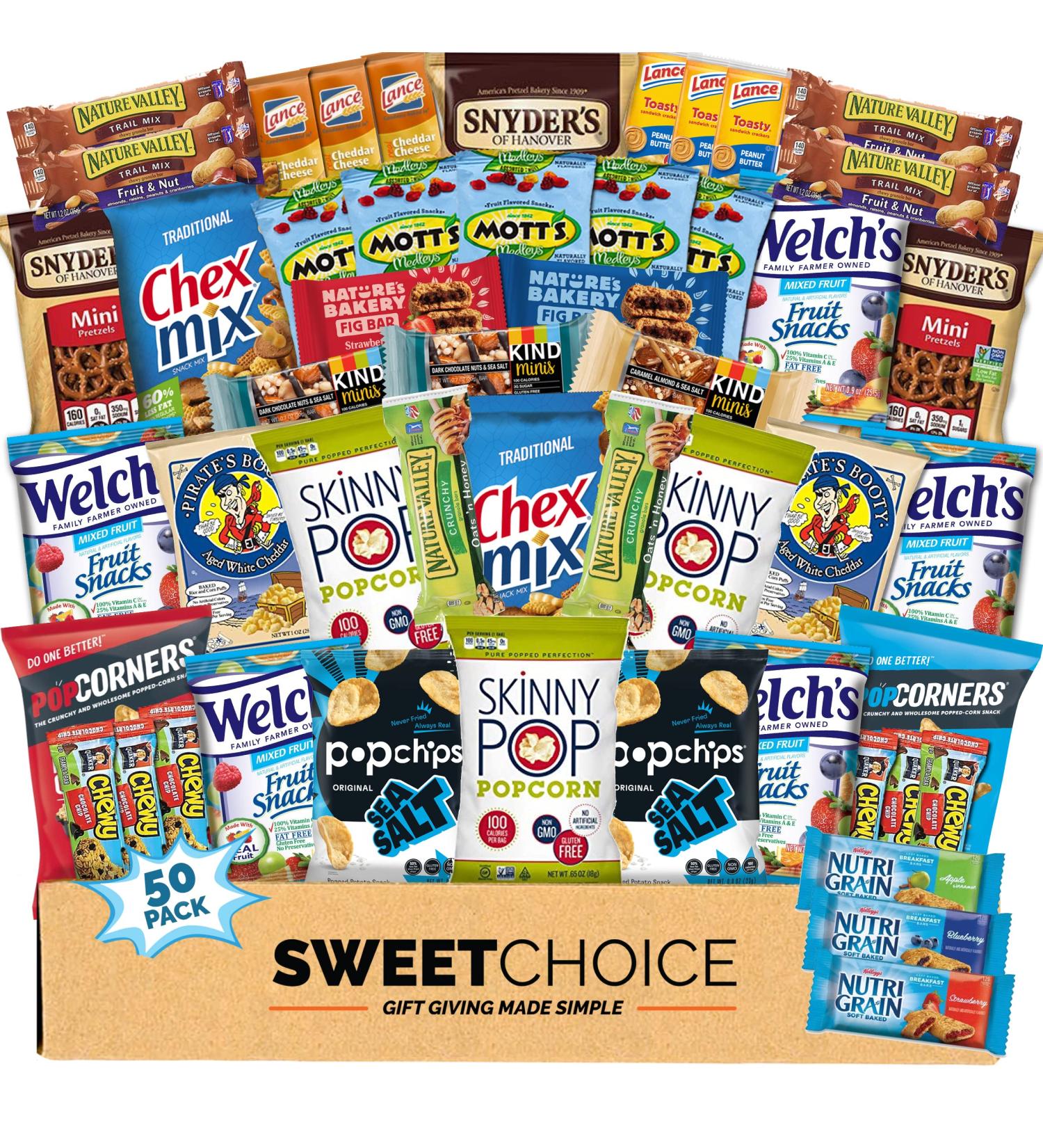 Healthy Snack Box Variety Pack (50 Count) - Gift Basket for College Students - Nutritious Bars, Chips, Candies - Birthday Treats for Adults, Kids, Teens - Perfect Care Package - Buy Online on GoSupps.com