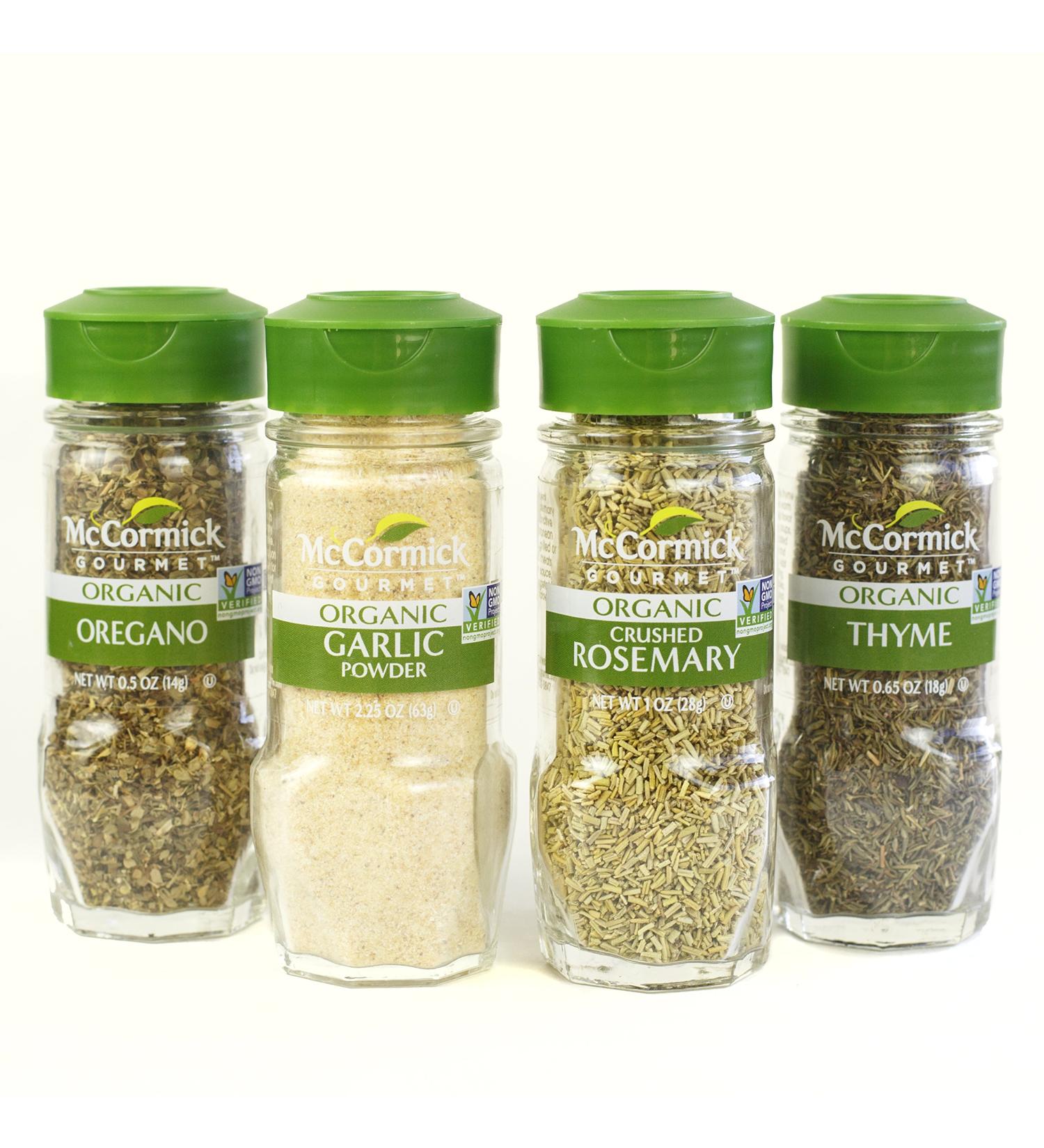 McCormick Gourmet Organic Garlic & Herbs Everyday Basics Variety Pack (Oregano, Garlic Powder, Crushed Rosemary, Thyme), 0.05 lb Spices
