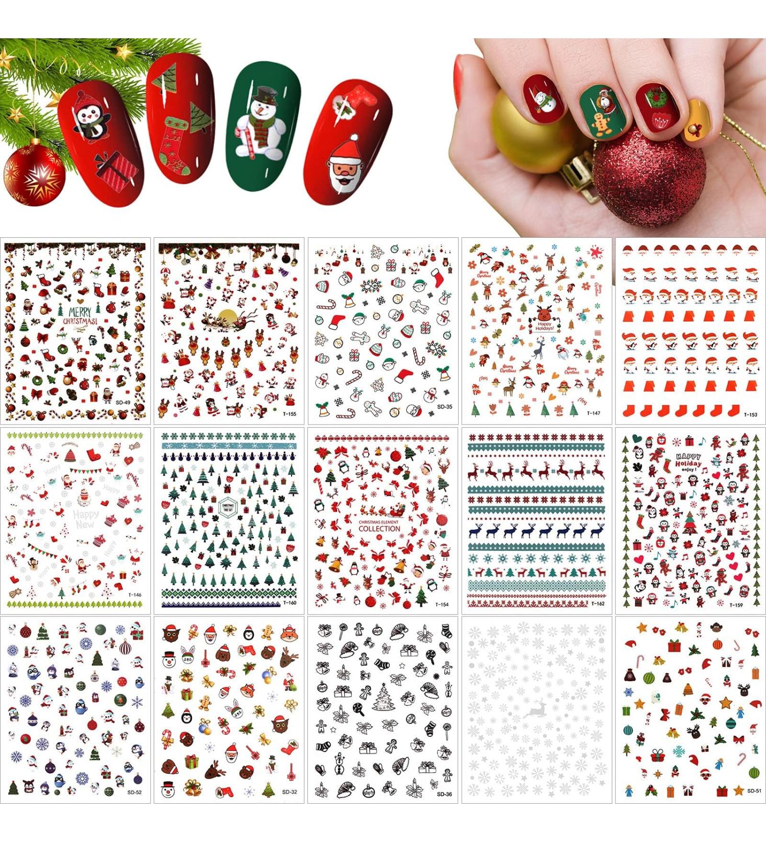 Kalolary 1400+ Patterns Christmas Nail Art Stickers Self-Adhesive 3D Nail Decals Christmas Nail Art Designs Snowflake Tree Reindeer Santa Elements for Christmas Theme Nail Art Decoration (15 Sheets) - Buy Online on GoSupps.com