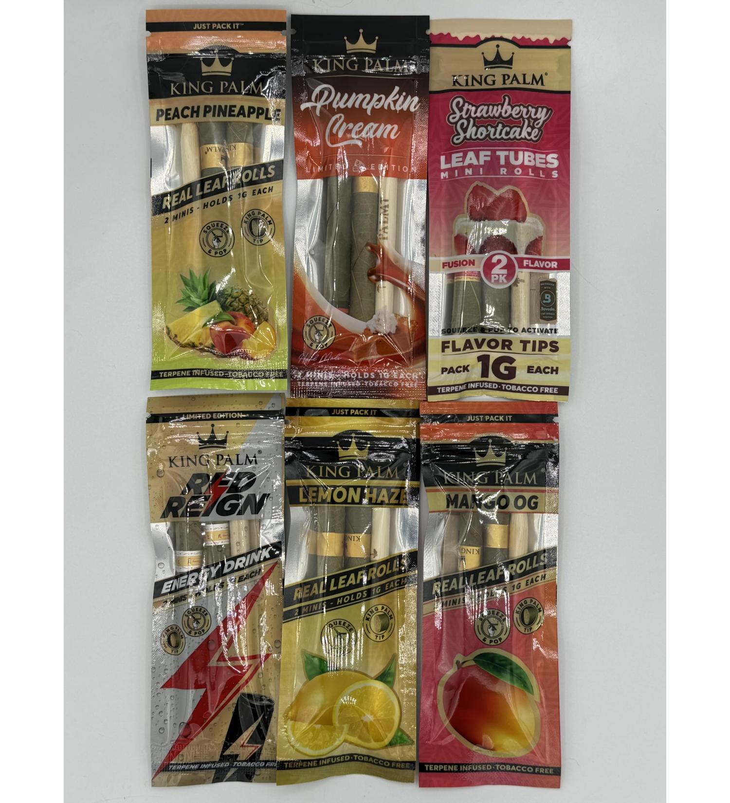King Palm Flavoured Mini Rolls Bundle with We Roll With It Tube (2 rolls per pack 12 per bundle) Peach Pineapple Pumpkin Cream Strawberry Shortcake Red Reign Lemon Haze Mango OG