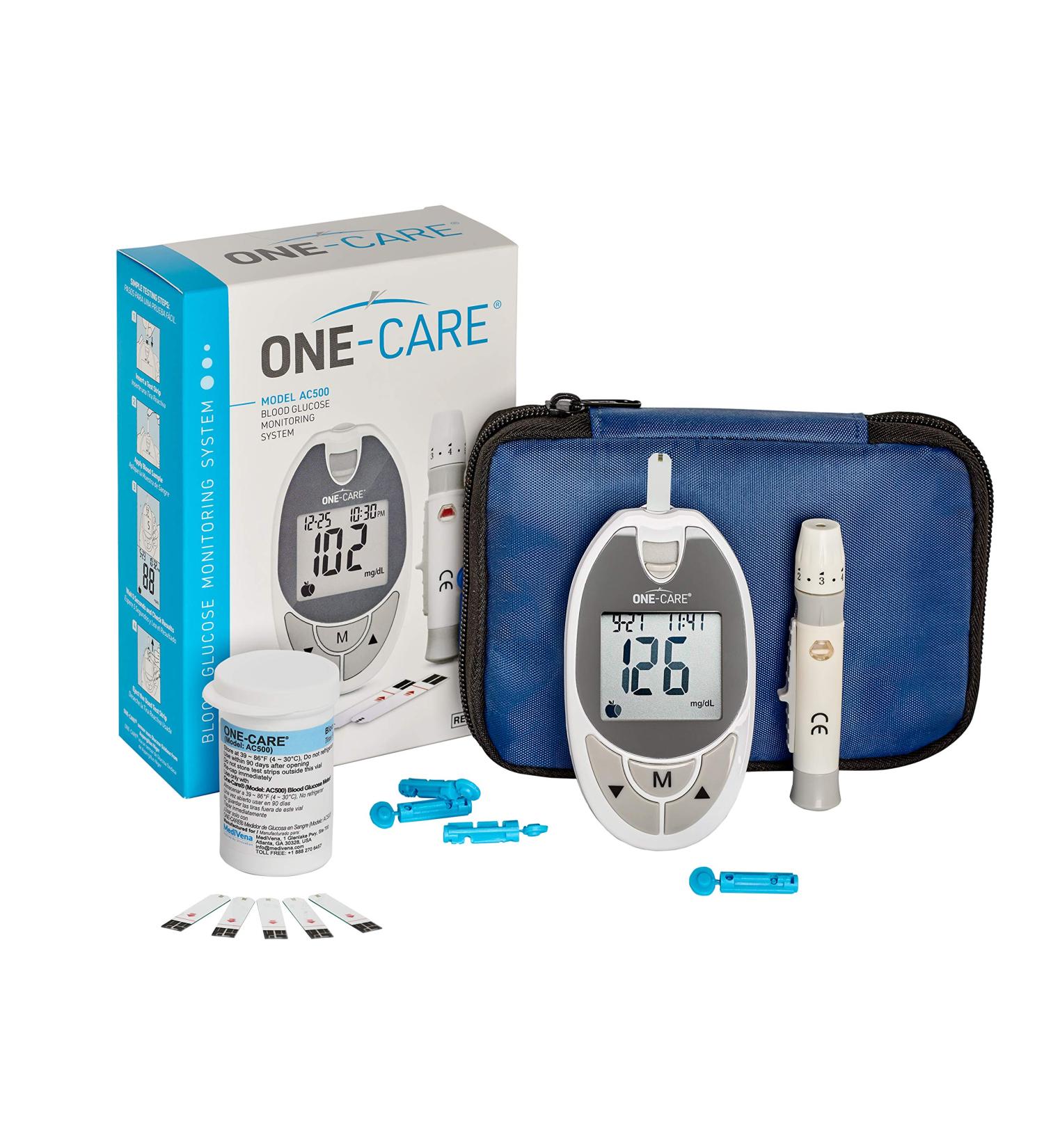 ONE-CARE Diabetes Testing Kit - Glucose Monitor System with 10 Test Strips, Lancing Device, Lancets, Carrying Case - Glucometer and Strips for Blood Sugar Monitoring - Buy Online on GoSupps.com