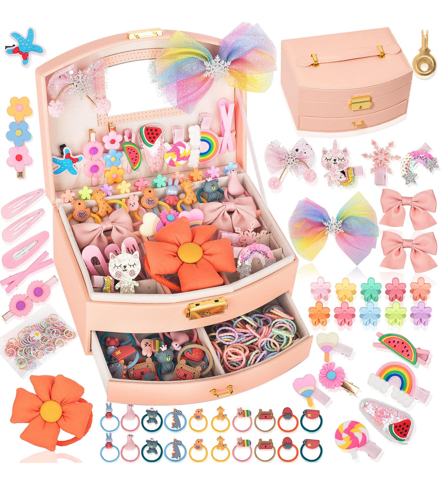 Girls Hair Accessories Set - Jewelry Box, Hair Clips, Barrettes, Ties, Bows - Teen Girl Gifts - Pink - Ages 4-12 - Buy Online on GoSupps.com