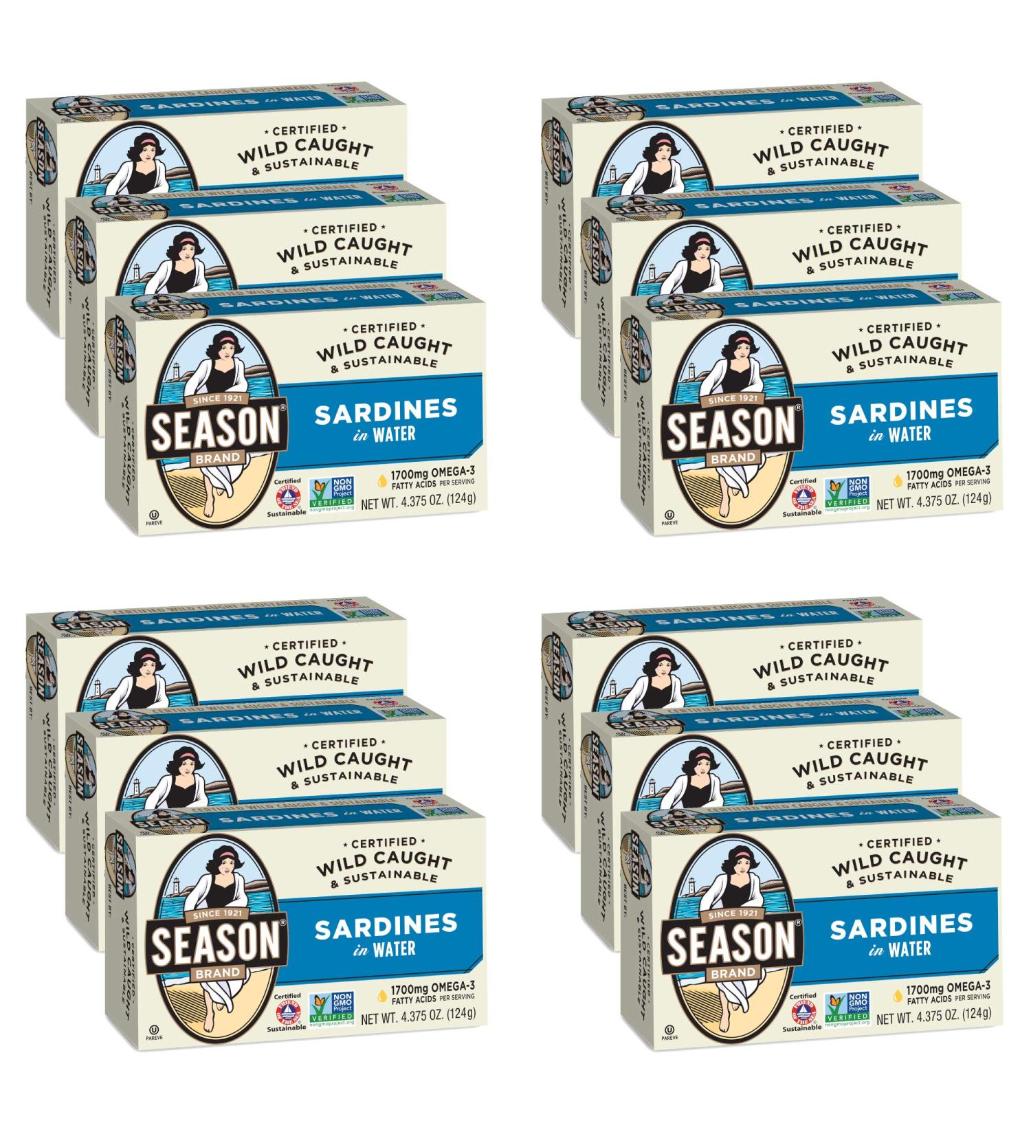 Season Sardines in Water | Certified Wild Caught & Sustainable Fresh Fish | Omega-3 | Gluten Free, Keto, Paleo, Non-GMO | Salt & Sugar Free | 4.375 oz (Pack of 12) - Buy Online on GoSupps.com
