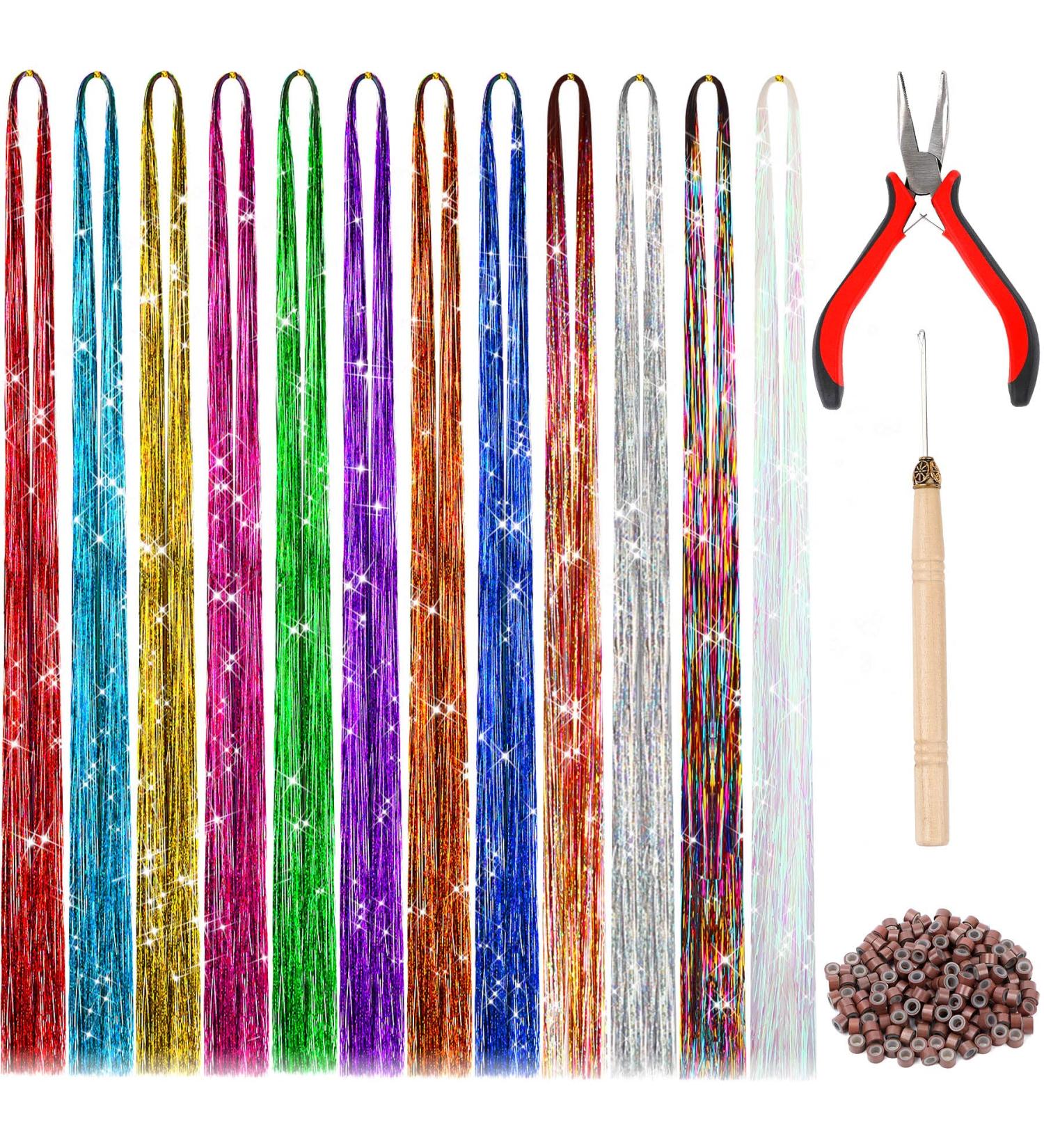 FEBSNOW 47 Tinsel Hair Extension Kit - 2400 Strands, 12 Mixed Colors - Glitter Hair Accessories for Women, Girls - Perfect for Christmas, New Year, Halloween, Cosplay Parties - Buy Online on GoSupps.com