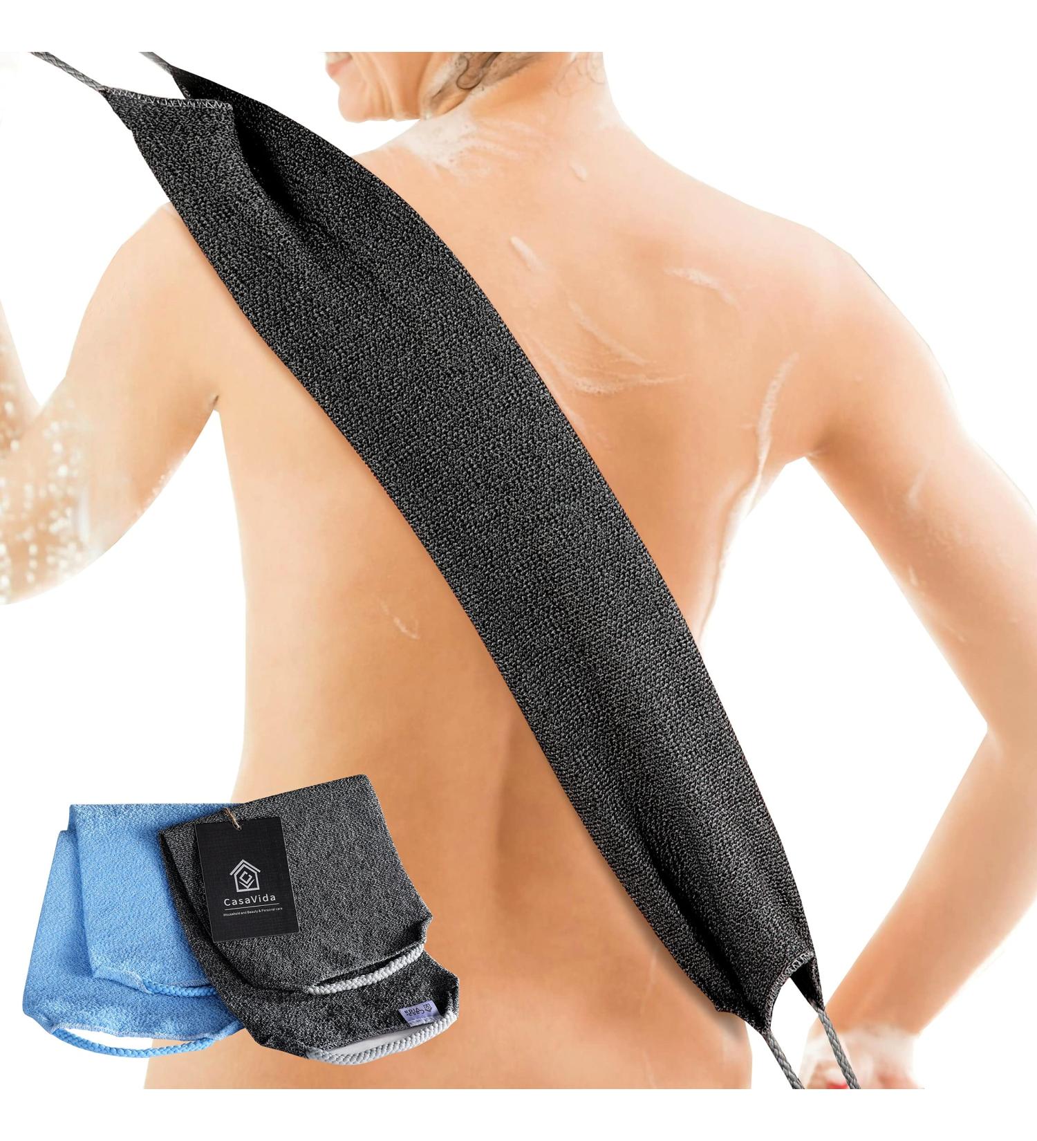 Extended Length Nylon Back Scrubber 2 Pack - CasaVida Charcoal Grey + Blue | Exfoliating Shower Towel | Japanese Stretchable Pull Strap Wash Cloth - Buy Online on GoSupps.com
