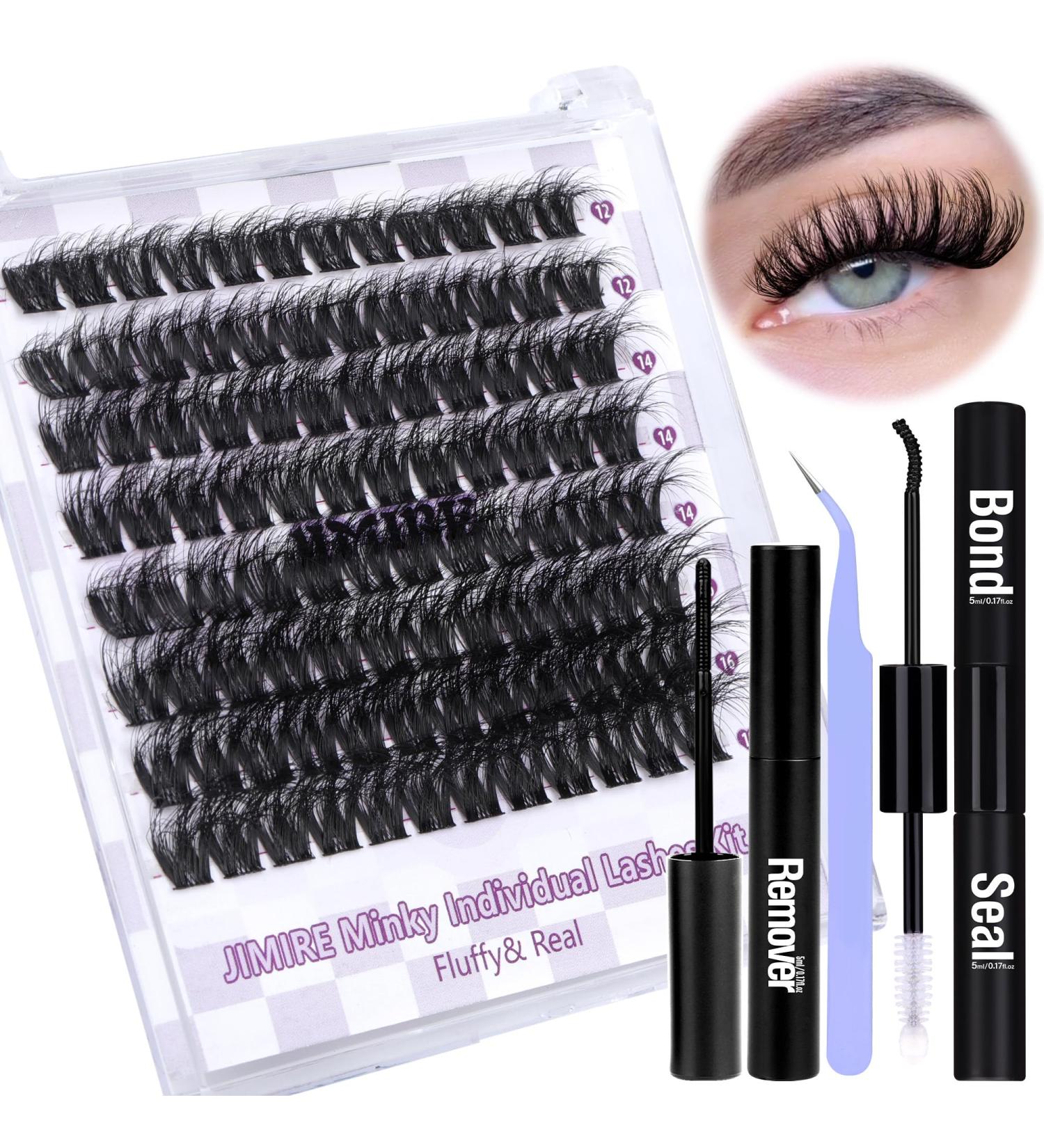 JIMIRE Individual Eyelash Extension Kit | DIY Lash Extension Kit 96Pcs | D Curl Fluffy Volume Cluster Eyelashes | Includes Bond Seal and Remover | 12-14-16-18MM | 96Pcs Fluffy Clusters - Buy Online on GoSupps.com