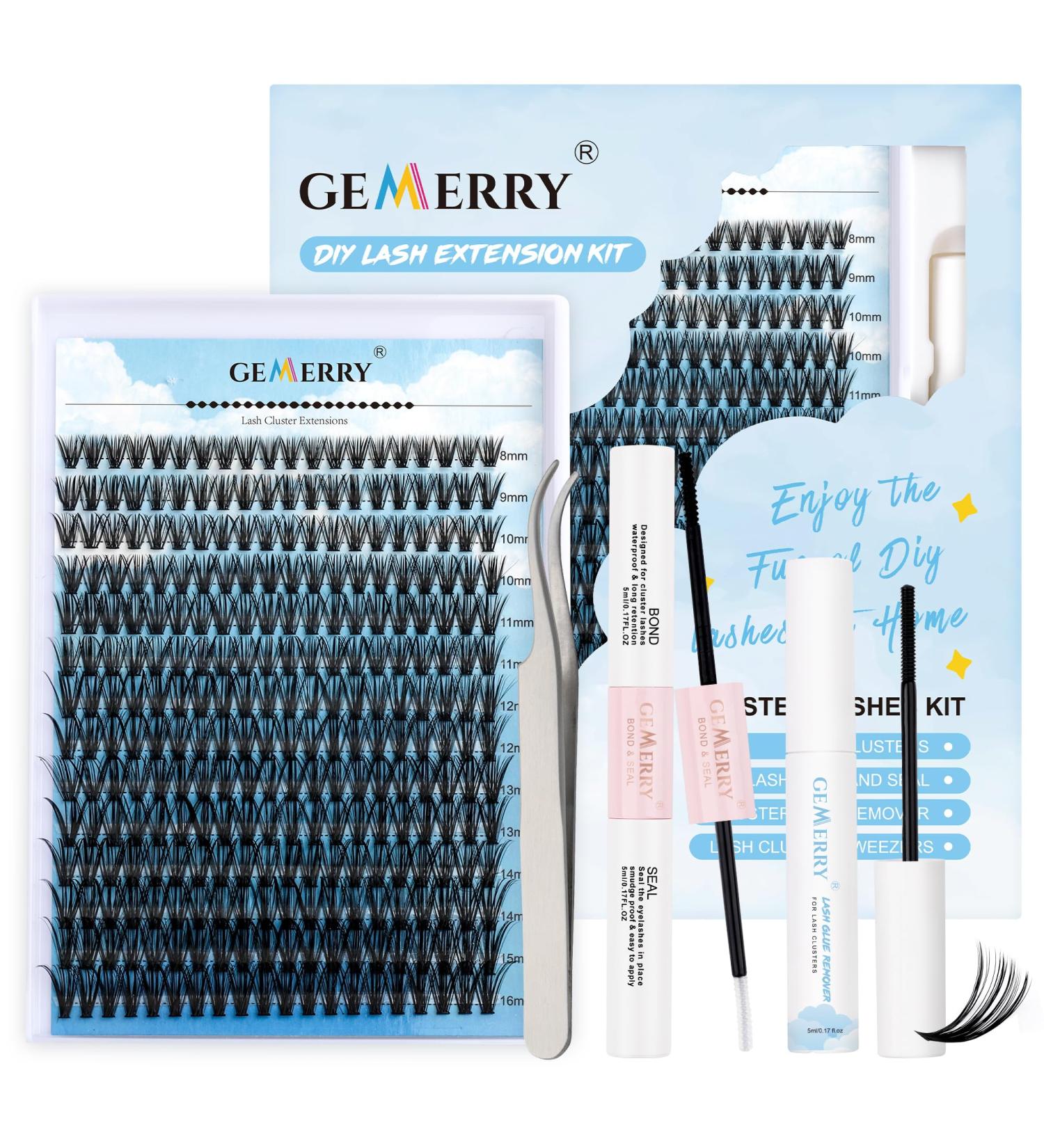 GEMERRY Eyelash Extension Kit 40D D Curl 8-16mm 280Pcs Cluster Lashes DIY Kit with Bond, Remover, Tweezers - B-KIT 40D-0.07D - Buy Online on GoSupps.com