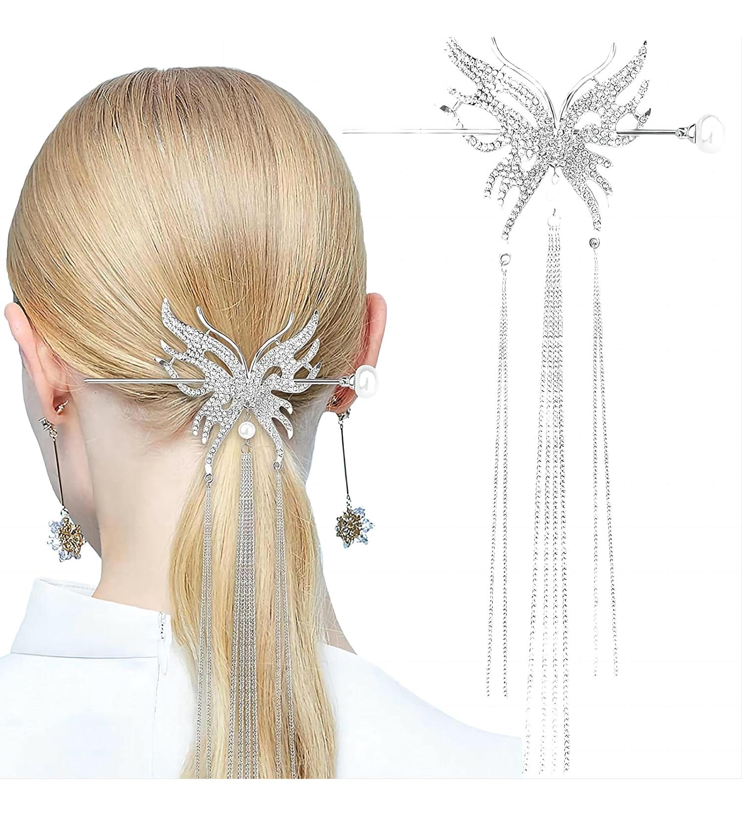 Ypkia 3D Large Butterfly Tassel Hair Stick Silver Hair Sticks Vintage Rhinestone Pearl Hair Pin Shiny Hair Stick for Women and girls - Buy Online on GoSupps.com