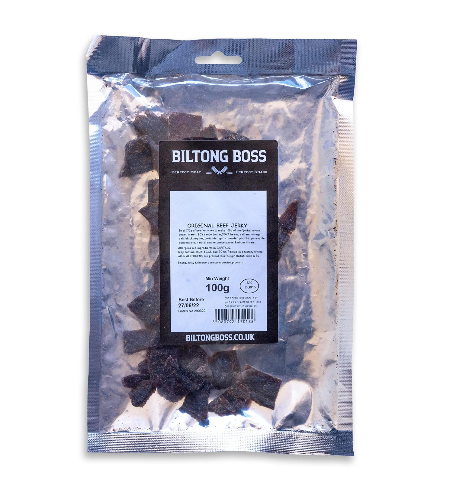 Biltong Boss Original Beef Jerky - Lean Cuts, High Protein Snack, Gluten-Free, Paleo, Keto, Atkins Diet Friendly, Post-Workout Fuel - 100g - Buy Online on GoSupps.com