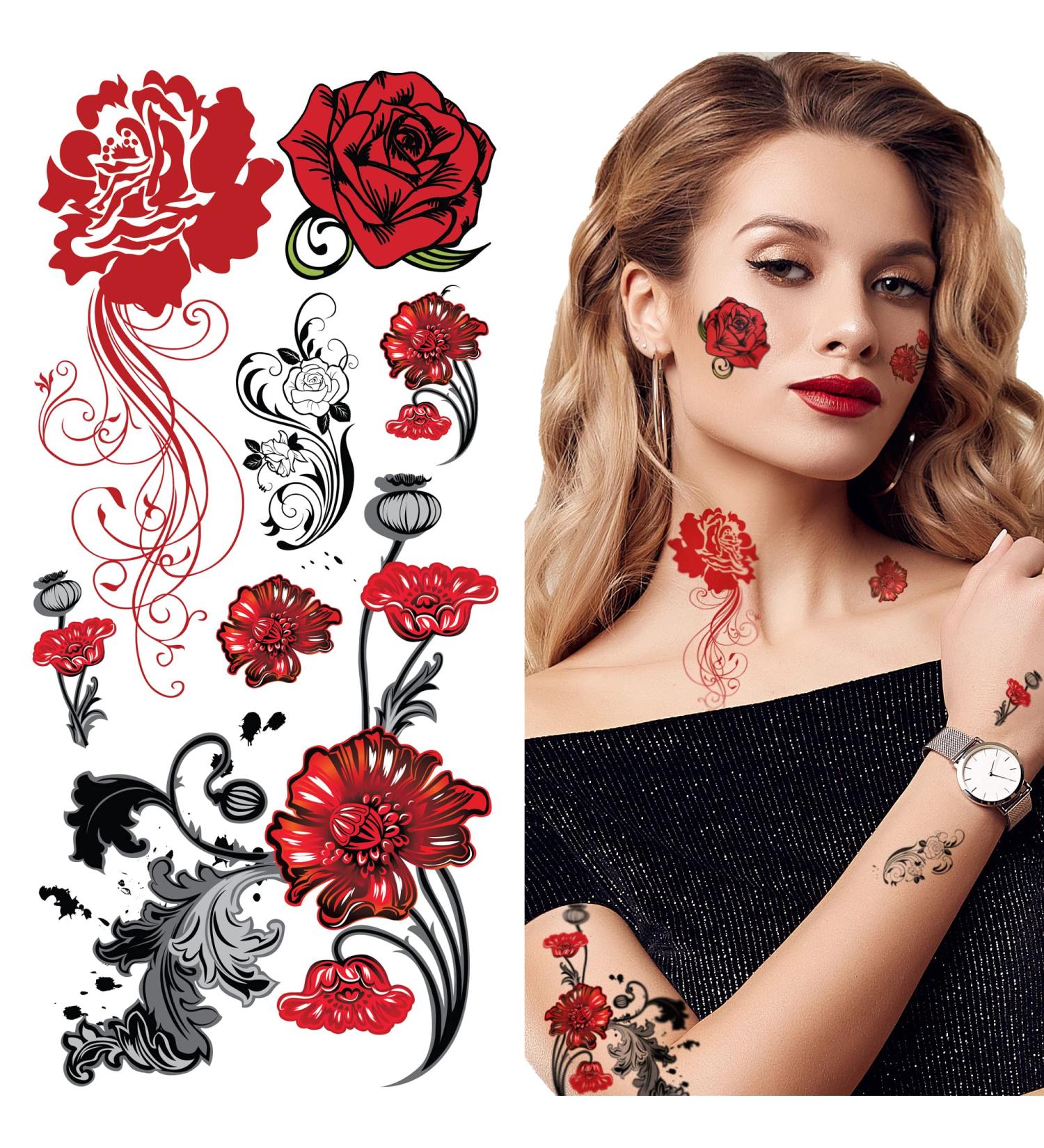 Supperb  Temporary Tattoos - European Red Roses  Vintage Red Roses Tattoos (Set of 2)