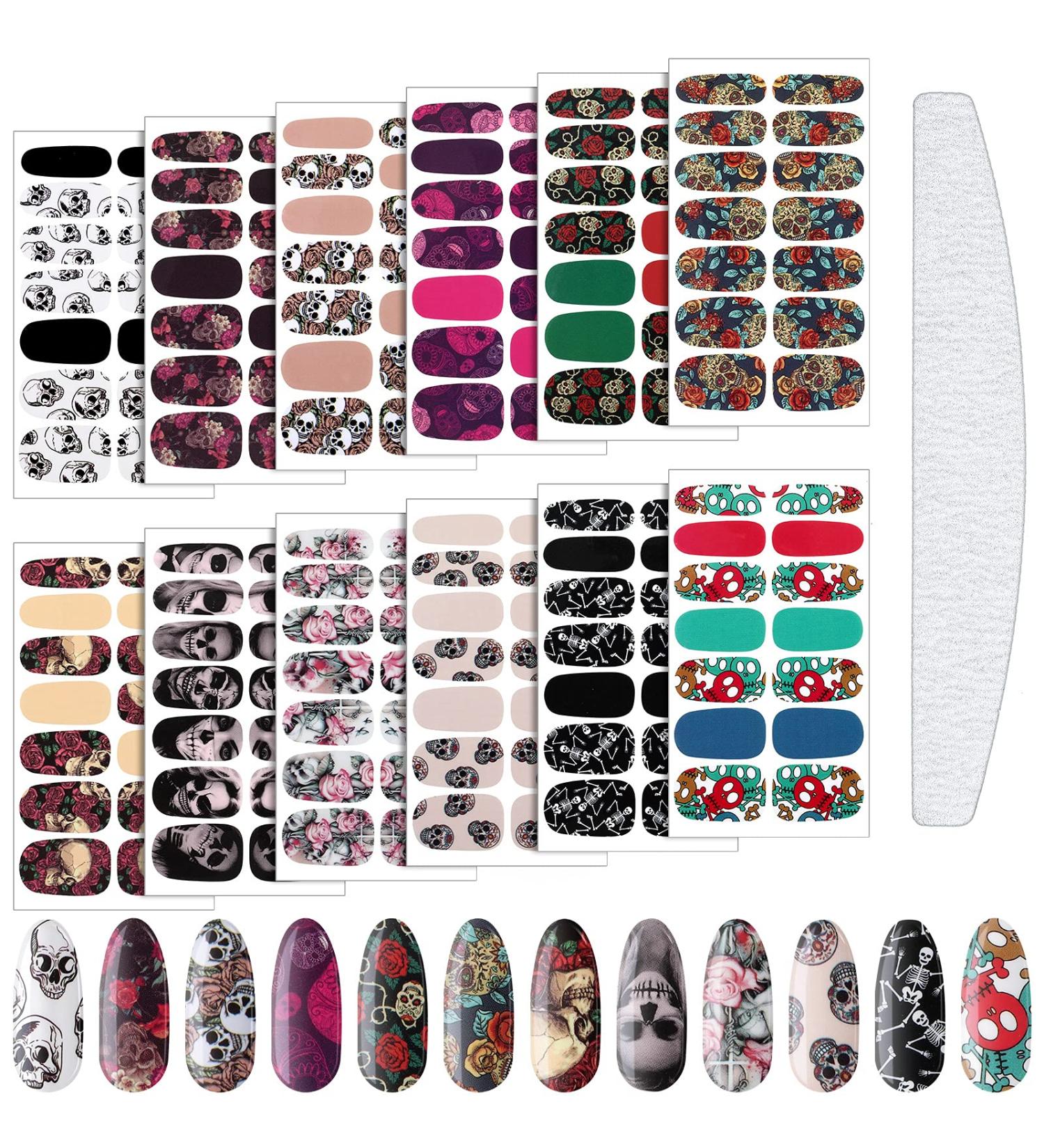 Skull Full Wrap Nail Stickers - 168 Pieces Gothic Art 3D Self Adhesive Decals with Nail File - Skeleton Style - Buy Online on GoSupps.com