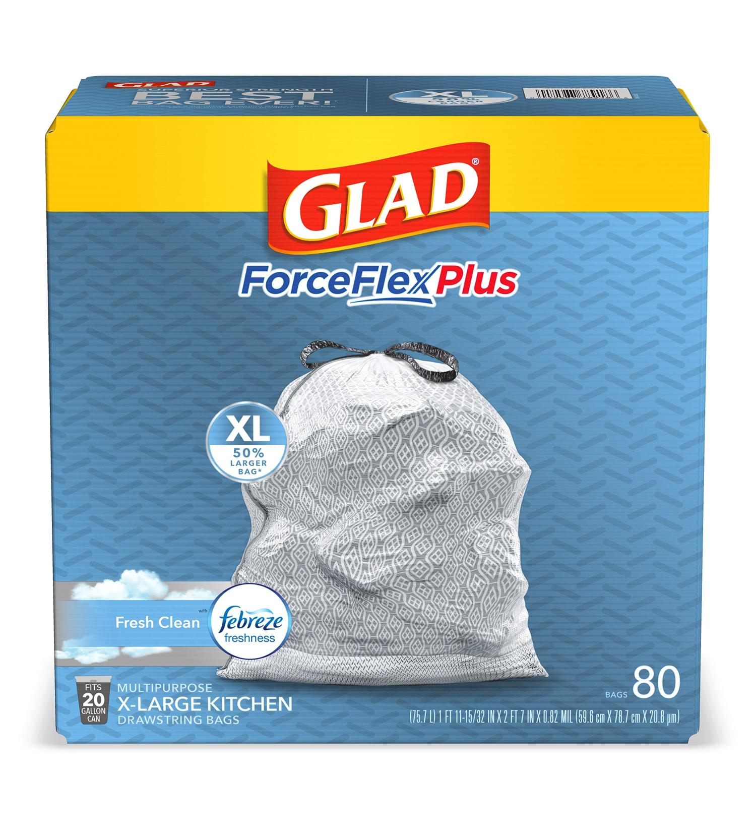 GLAD ForceFlexPlus XL X-Large Kitchen Drawstring Trash Bags - 20 Gallon Grey Trash Bag  Fresh Clean with Febreze Freshness 80 Count (Package May Vary) 80 Count (Pack of 1) - Buy Online on GoSupps.com