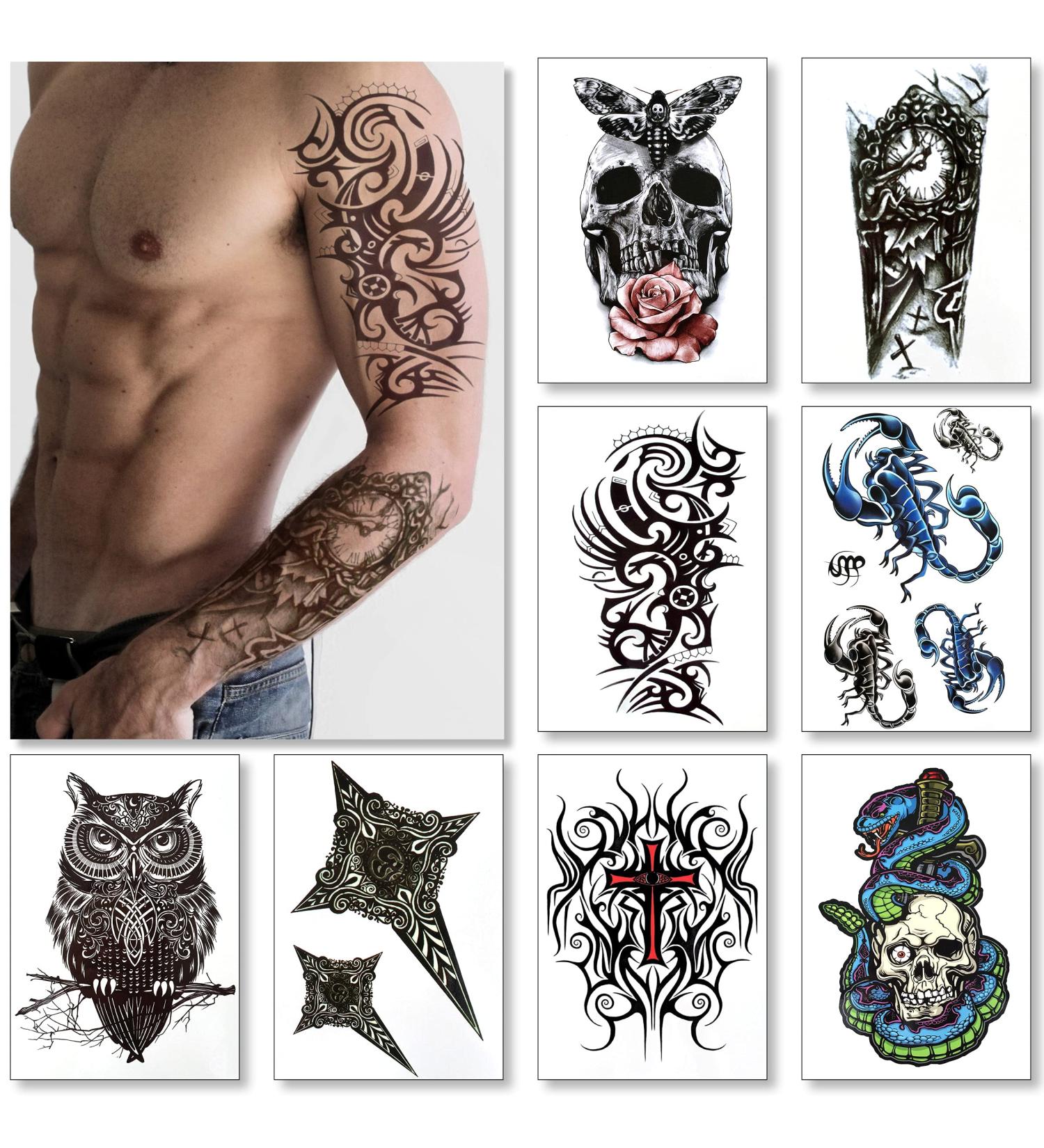 Realistic Temporary Tattoos for Men - Fake Half Arm Sleeves for Arms, Shoulders, Back, and Legs - Waterproof Transfers - 8 Sheets - Cross, Skull, Owl, Clock, Scorpion, Rose Designs - 8x6 Saturn - Buy Online on GoSupps.com
