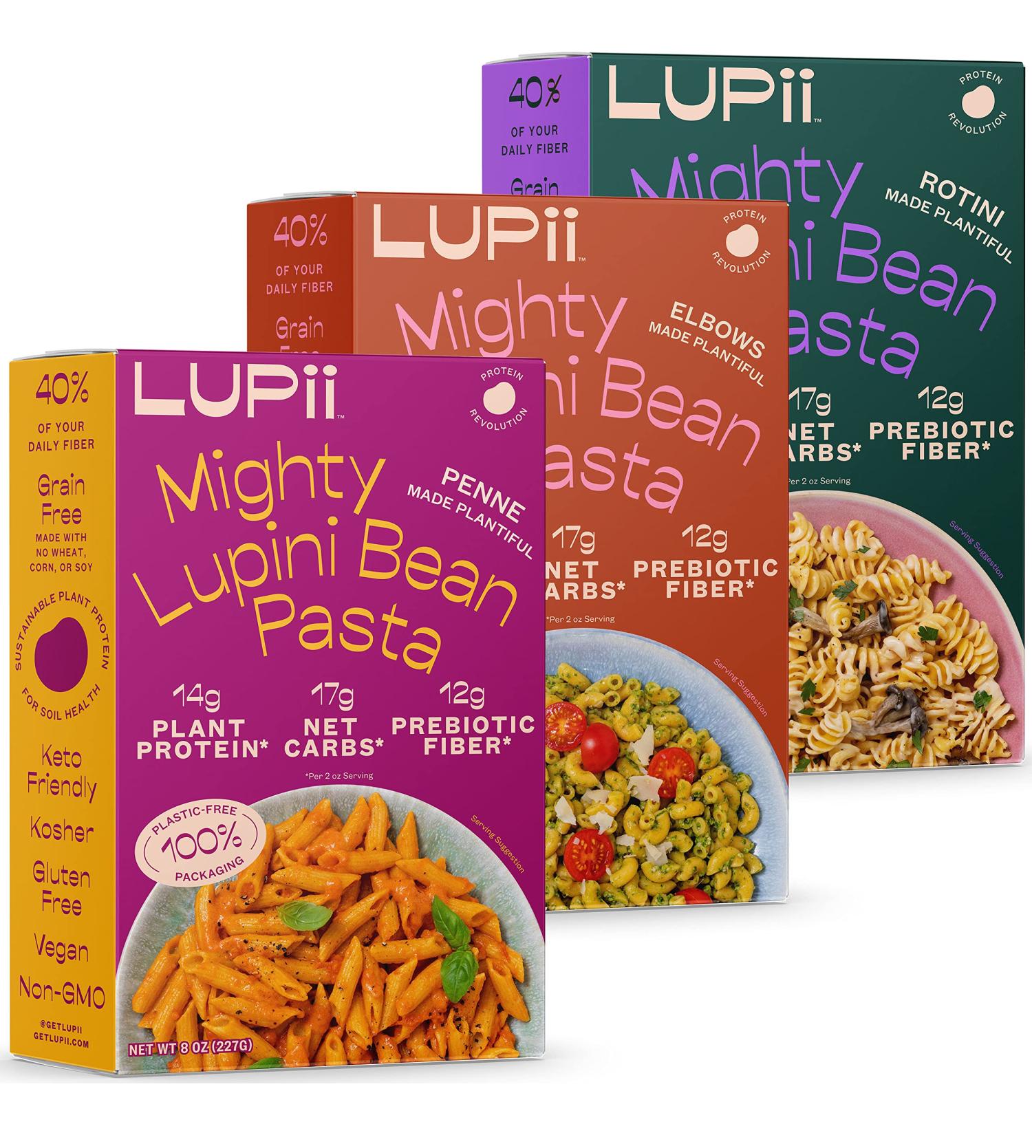 Lupii Lupini Bean Pasta Variety Pack - High Fiber, High Protein, Low Carb, Low Calorie Noodles - Vegan, Gluten-Free, Keto-Friendly - Elbows, Rotini & Penne Pasta - 8oz x 3 Pack - Buy Online on GoSupps.com