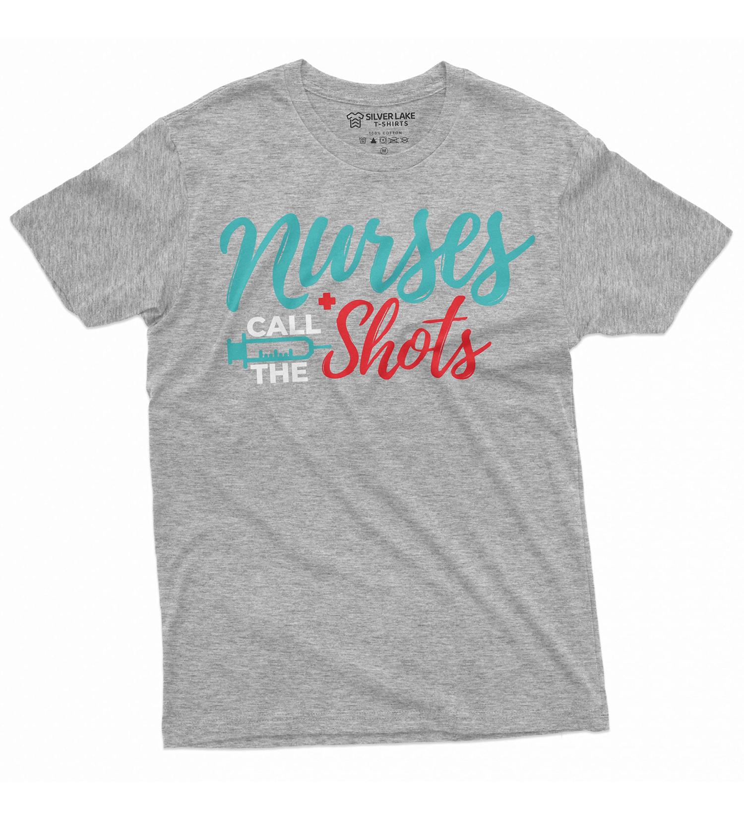 Funny Nurses Day T-Shirt | 'Nurses Call The Shots' Syringe Tee for RN & CNA | Large Grey Medical Worker Shirt - Buy Online on GoSupps.com
