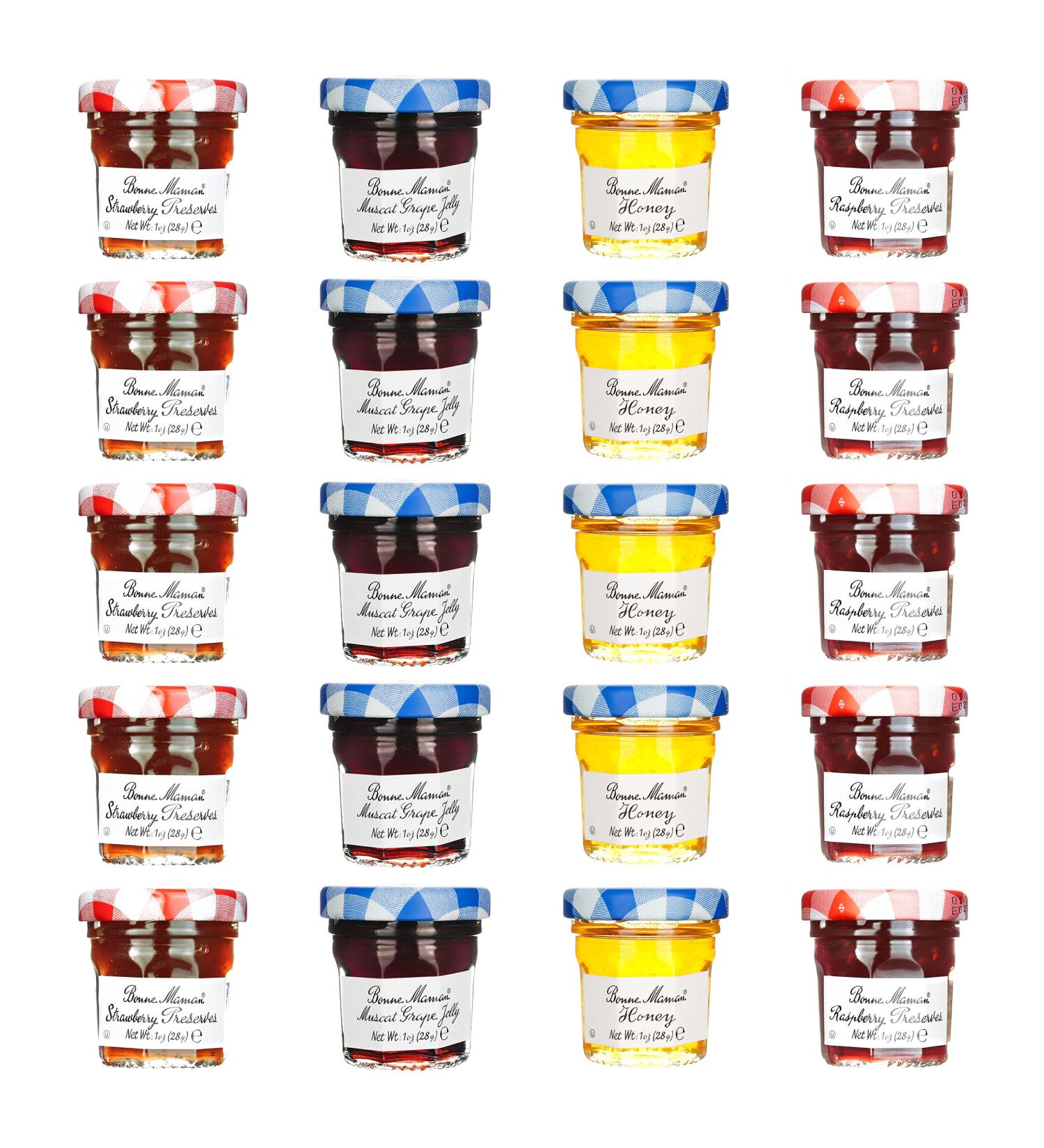 Bonne Maman Assorted - 20/1 oz Mini Jars -Strawberry, Raspberry, Honey, Grape - 5 each flavor