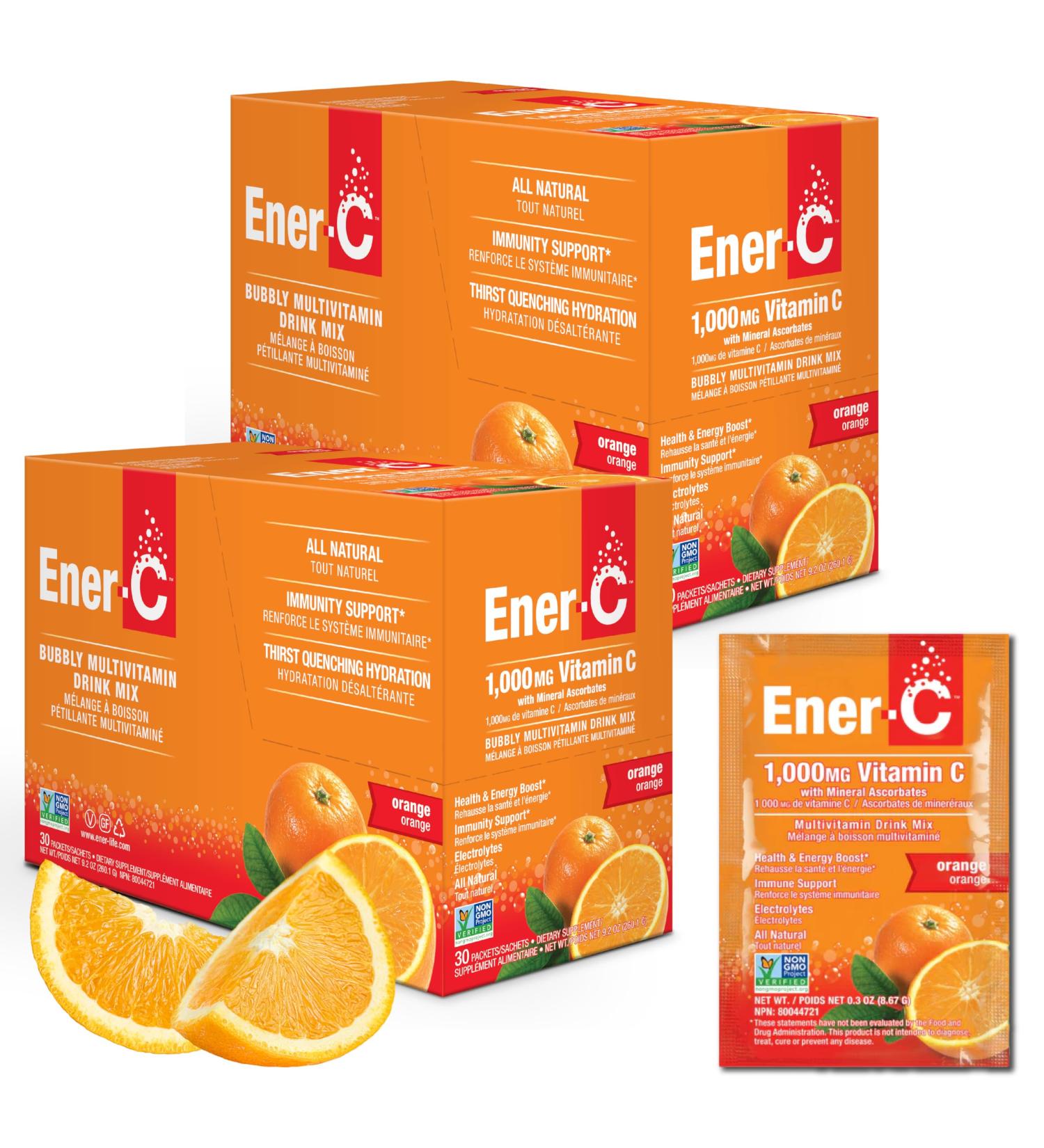 Ener-C - Vitamin C Immune Support 1000mg Vitamin C Effervescent Multivitamin Drink Powder Fruit Juice Vitamin C Drink Mix for Hydration with Electrolytes Orange 60 Packets (2-Pack) - Buy Online on GoSupps.com