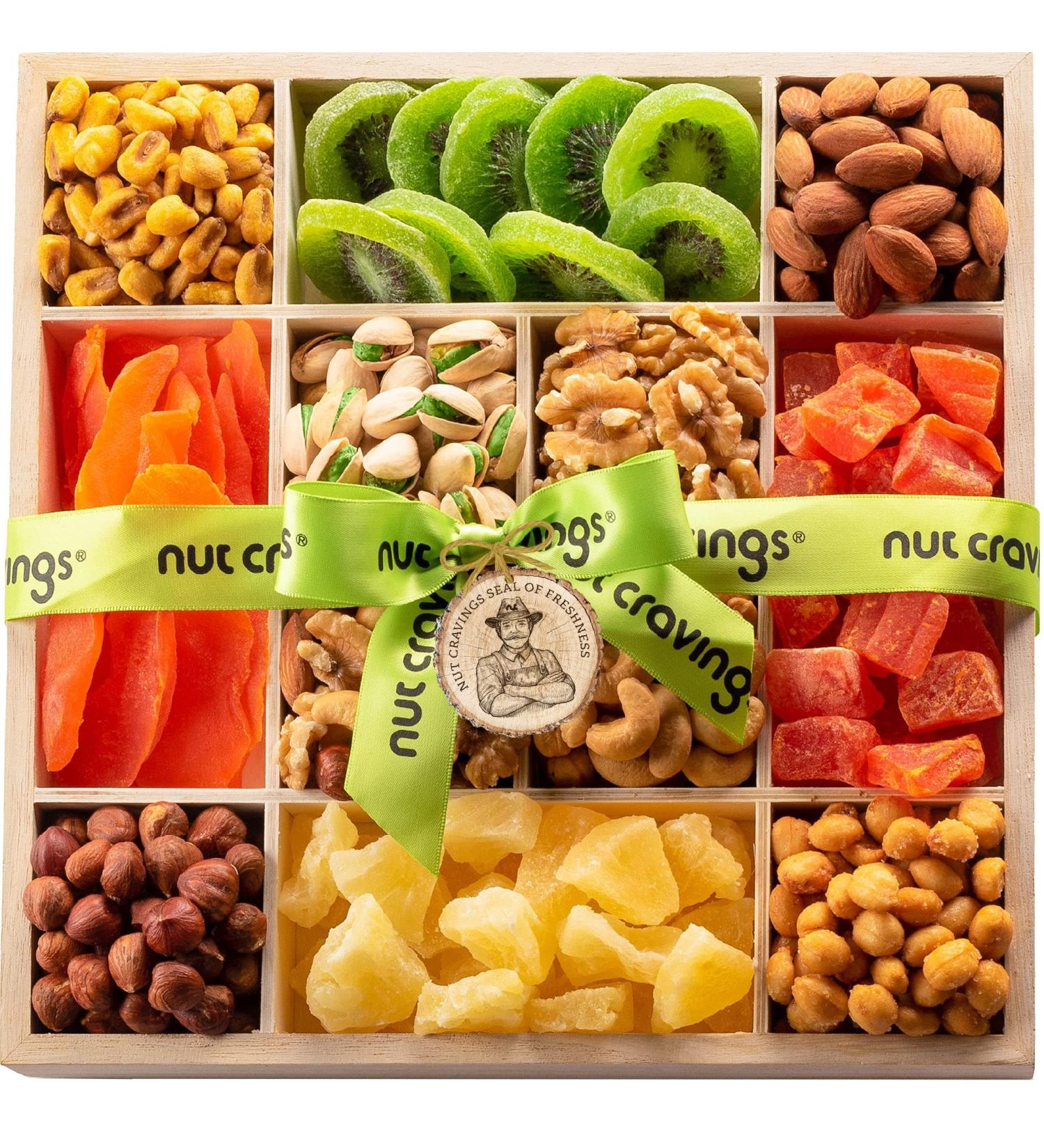 Dried Fruit & Nuts Gift Basket in Reusable Wood Tray + Green Ribbon (12 Assortments) Holiday Christmas Gourmet Bouquet Arrangement Platter  Birthday Care Package  Healthy Food Kosher Snack Box - Buy Online on GoSupps.com