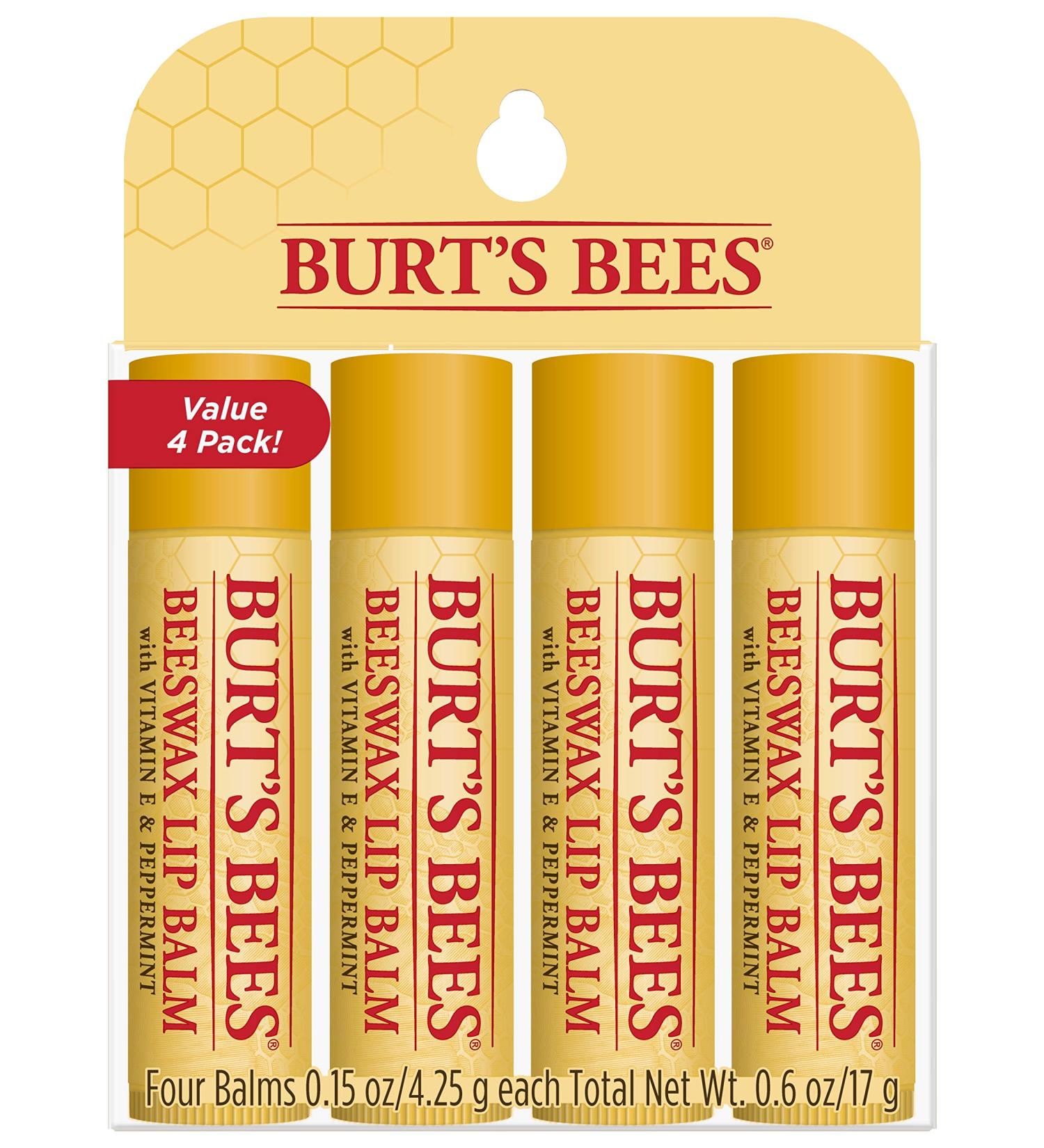 Burt's Bees Beeswax Lip Balm 4-Pack with Vitamin E & Peppermint - 0.15 oz Each - Buy Online on GoSupps.com