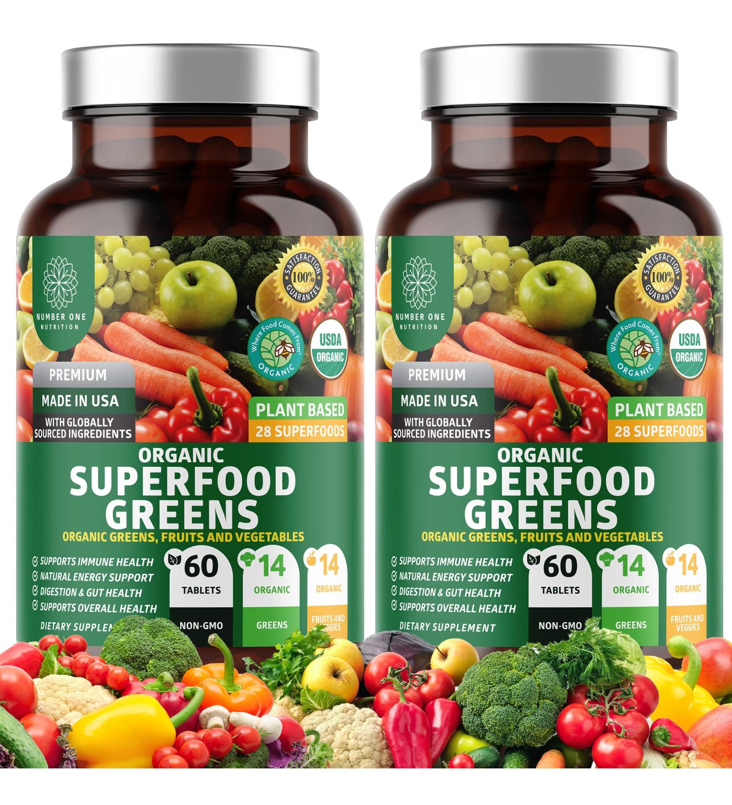 N1N Premium Organic Green Superfood 2-Pack - 28 Powerful Ingredients for Energy, Immunity & Digestion - Made in USA - 120 Ct - Buy Online on GoSupps.com