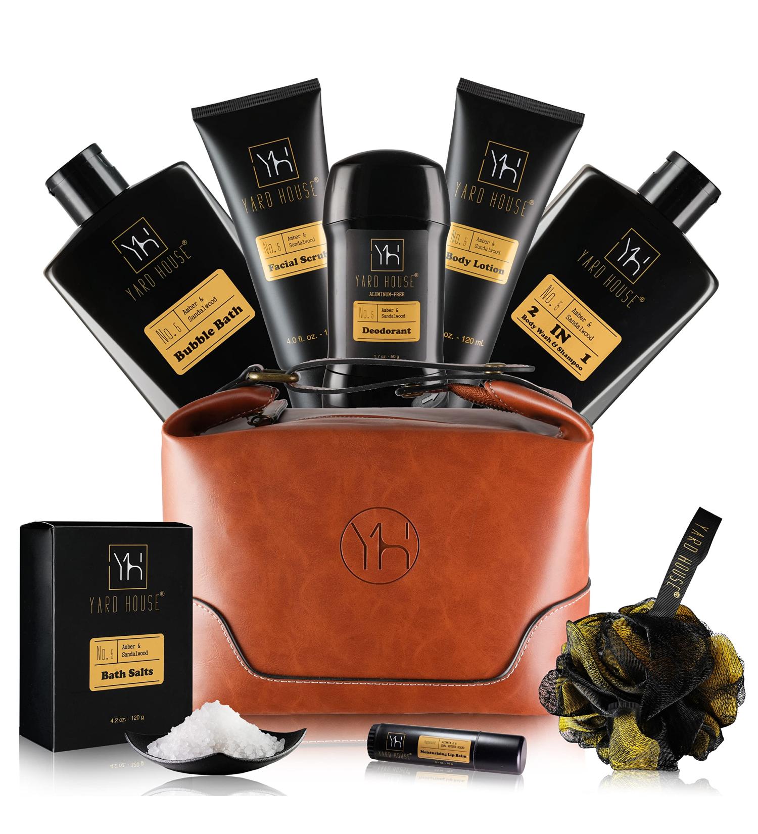 Premium Sandalwood Amber Bath and Body Gift Set for Men - Ideal Birthday Christmas Father's Day Gifts | Relaxing Spa Kit in Deluxe Toiletry Bag - Buy Online on GoSupps.com