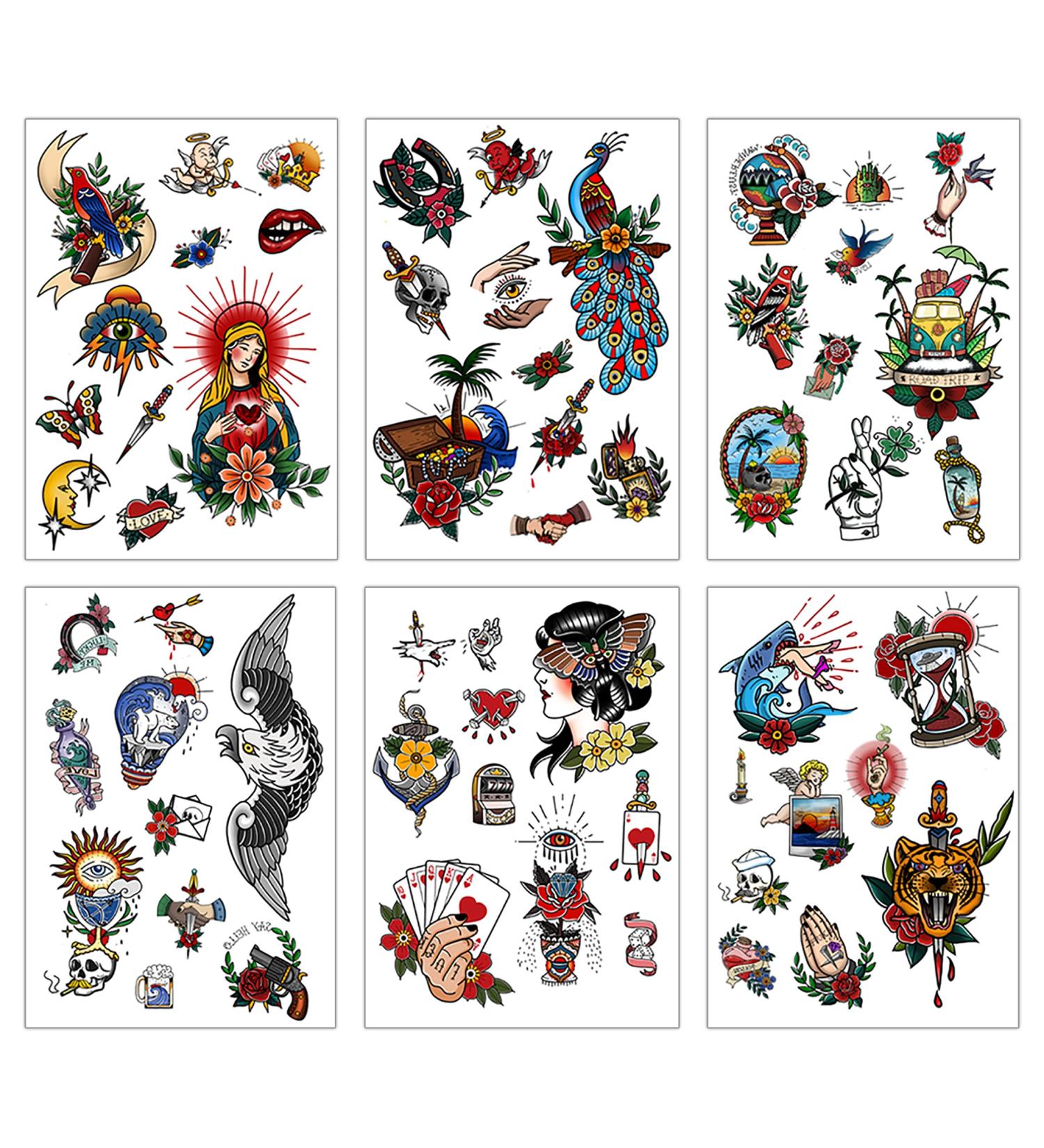 Vintage Temporary Tattoos - 60pcs Classic Old School Stickers, Waterproof Rose, Swallows, Butterflies & Swords Design for Men and Women - Buy Online on GoSupps.com