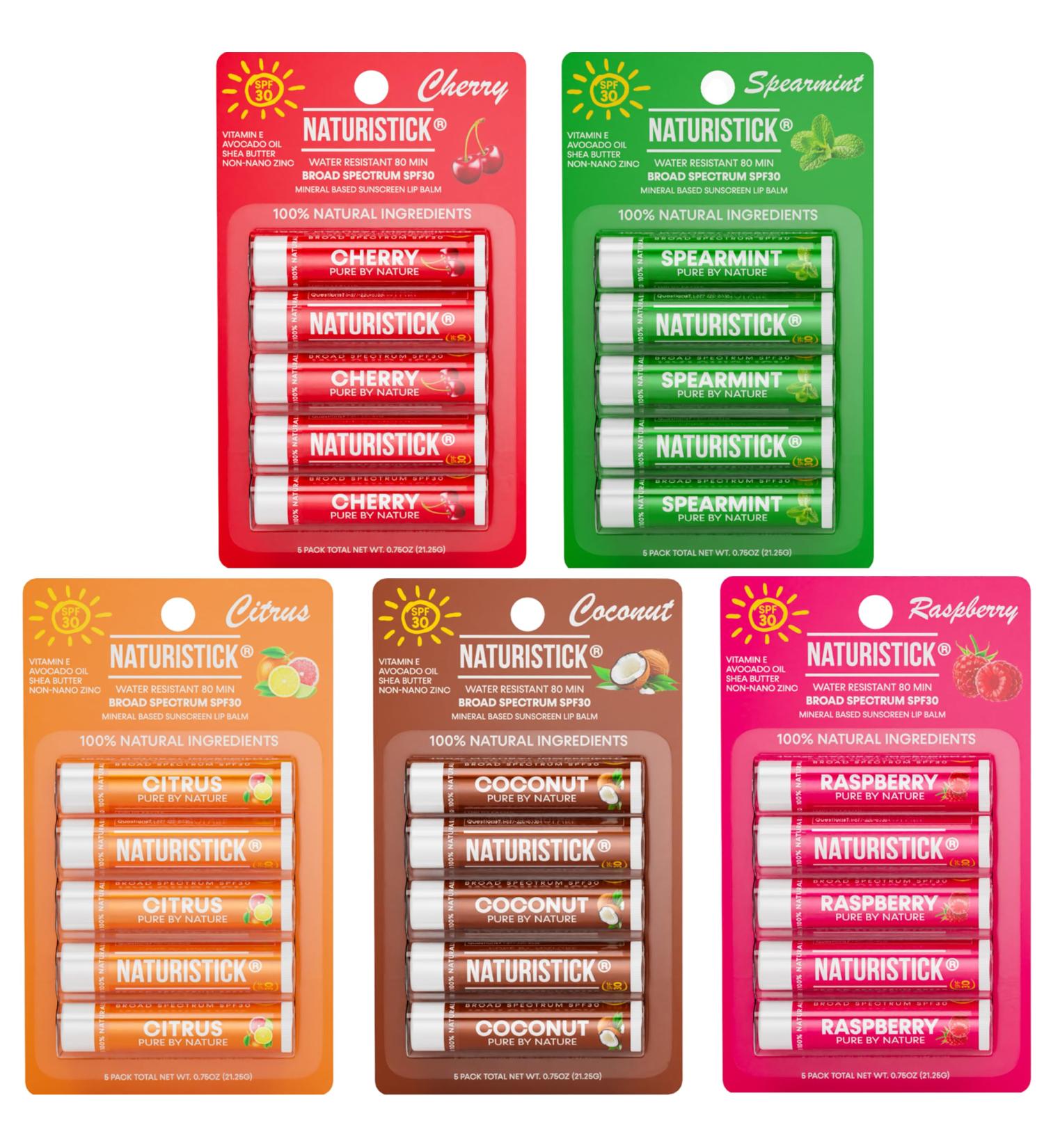 Naturistick SPF 30 Mineral Lip Balm Variety Bundle 5 Flavors (Raspberry Coconut Spearmint Citrus Cherry) | Water Resistant 80 Min - Buy Online on GoSupps.com