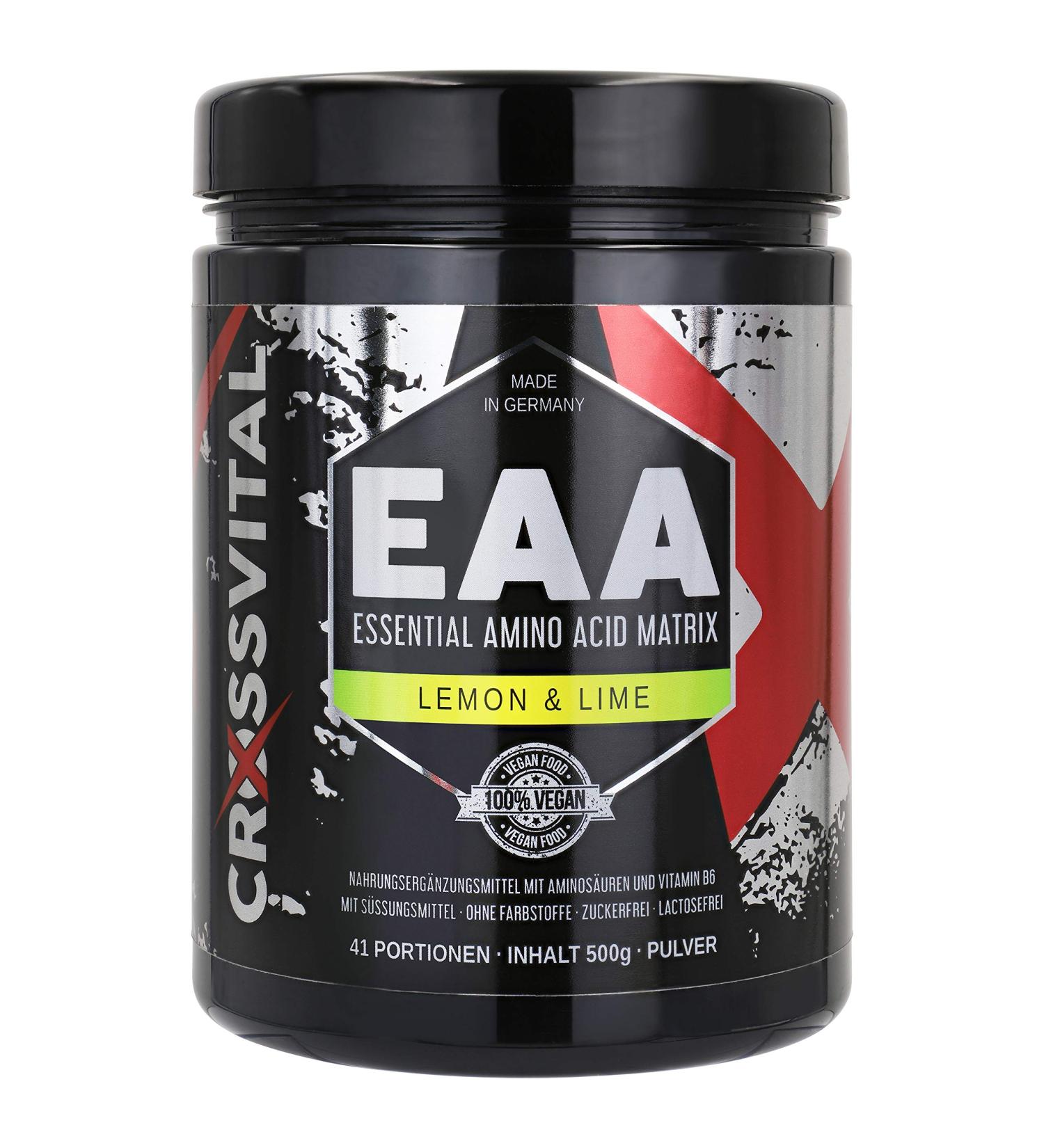 EAA Powder - CrossVital Lemon & Lime | Vegan 500g | With Vitamin B6 | Mega Taste | Instant Solubility | Made in Germany - Buy Online on GoSupps.com