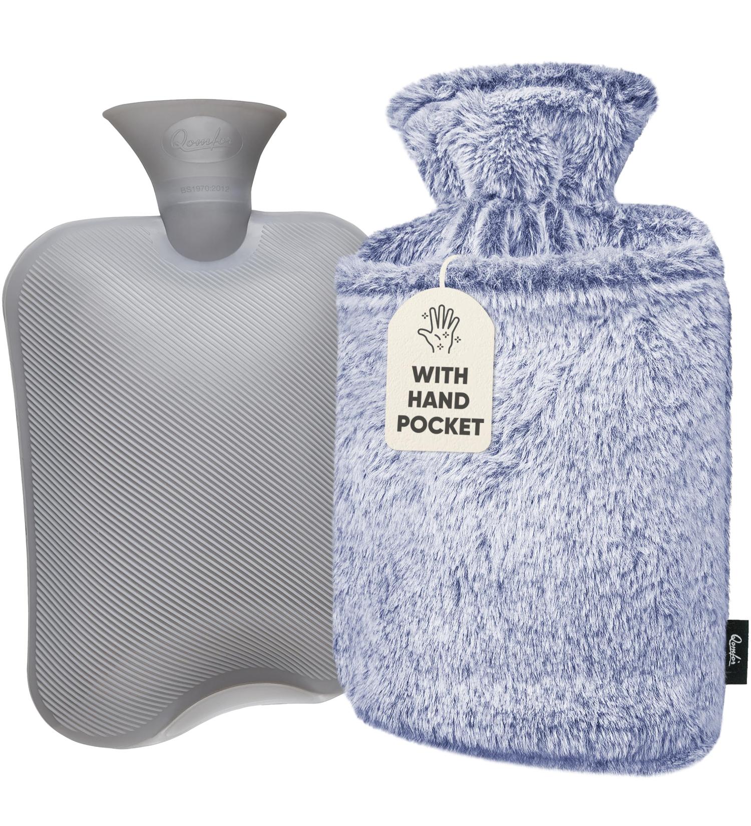 Qomfor Premium Fluffy Faux Fur Hot Water Bottle with Kangaroo Pocket - 1.8l Large - Blue - Pain Relief for Neck, Shoulders, Hands, and Feet - Buy Online on GoSupps.com