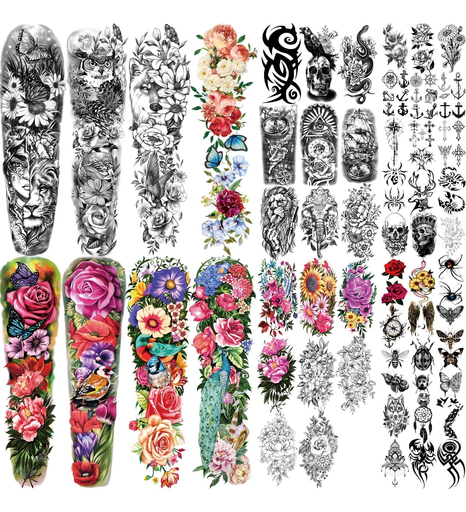 Temporary Tattoo Set - 55 Sheets Full & Half Arm, Flower, Butterfly, Lion, Wolf, Peacock Designs for Women Men, 30 Tiny Tattoos for Adult Kids - Buy Online on GoSupps.com