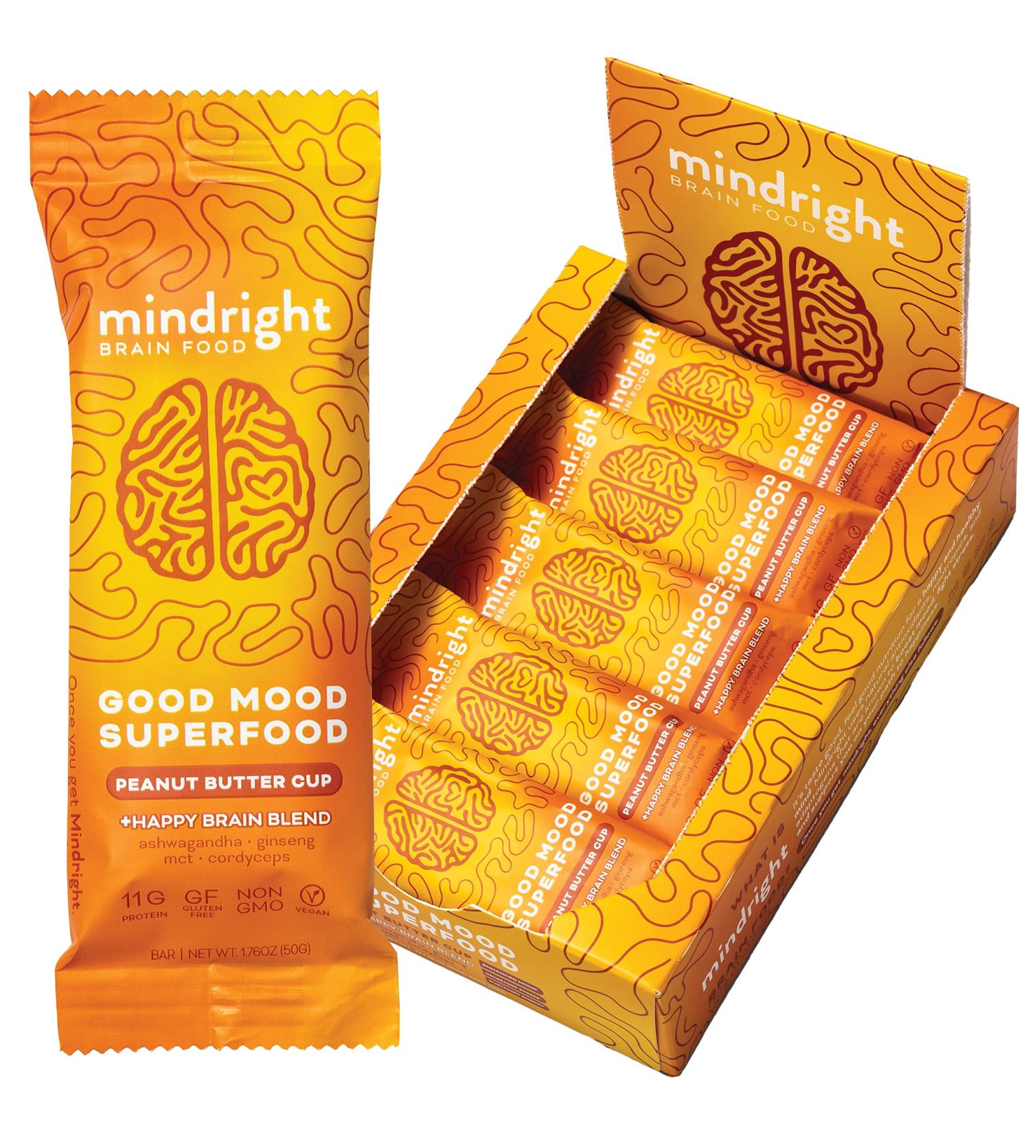 Mindright Superfood Vegan Protein Bar - Gluten Free, Non-GMO, Low Sugar | Peanut Butter Cup Flavor | Pack of 12 - Brain Food Snack to Boost Mood, Energy, and Focus - Buy Online on GoSupps.com