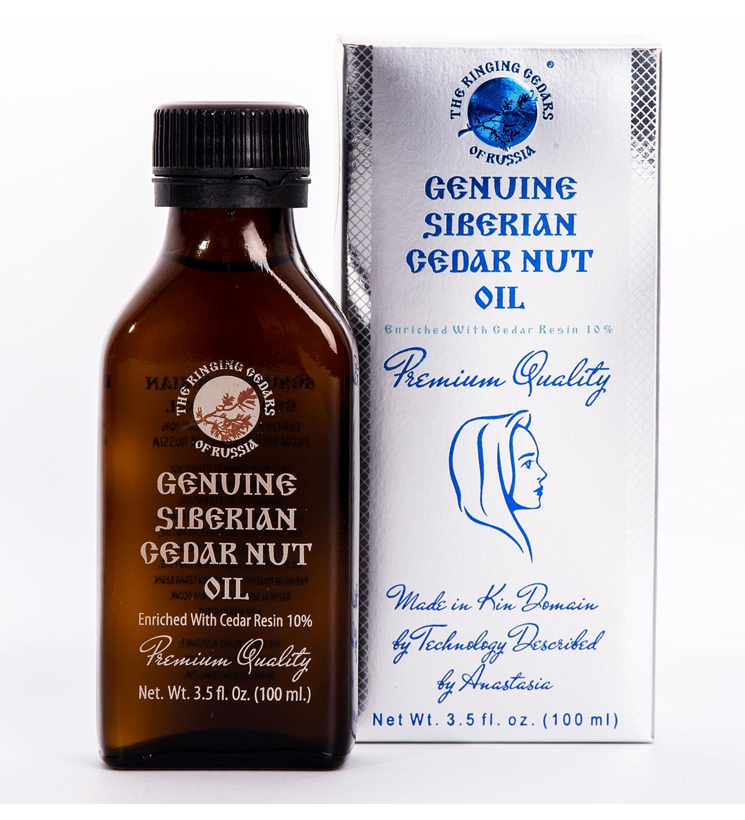 Premium Siberian cedar nut oil enriched with cedar resin 10 % - 100 ml. Native cold pressed with wood press.Smalling cedar in Russia.Made in Kins Siberia Russia.100ml