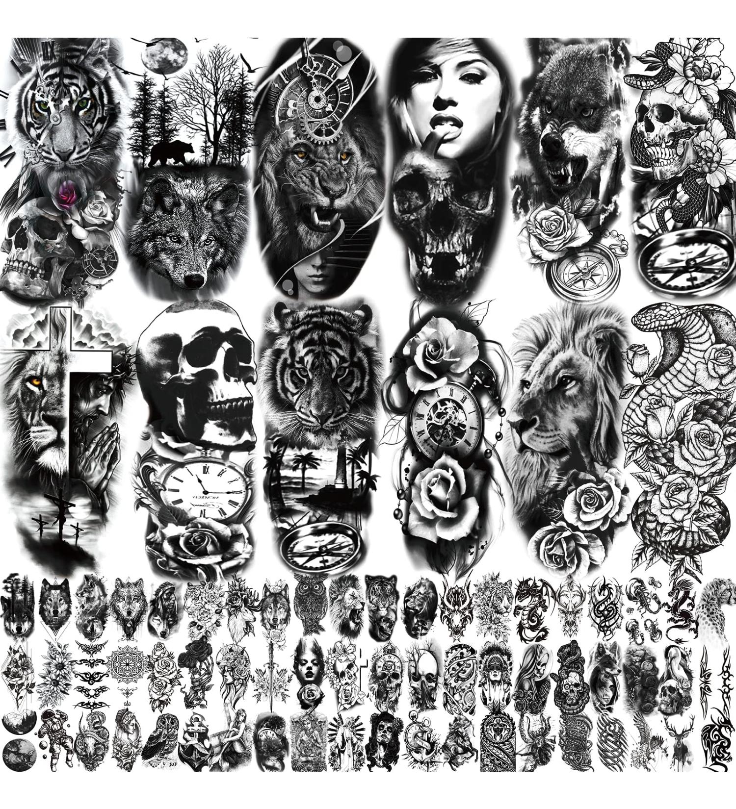 XIYOKA 72 Sheets Temporary Tattoos - 12 Large Black 3D Realistic Forearm Half Sleeve Tiger Lion Wolf Skeleton & Skull Halloween Fake Tattoos - Buy Online on GoSupps.com