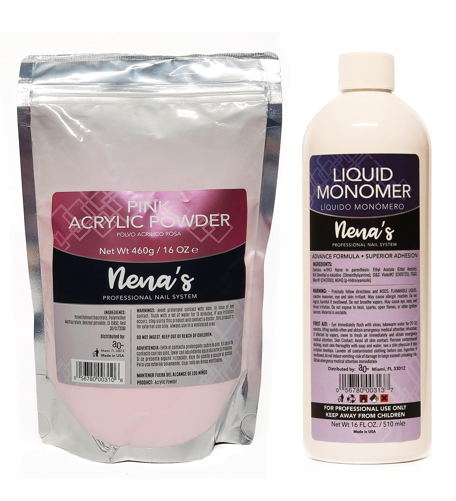 Nena's 16oz Acrylic Liquid monomer + 16oz Clear Acrylic Powder Made in USA Clear Pink (Pink)