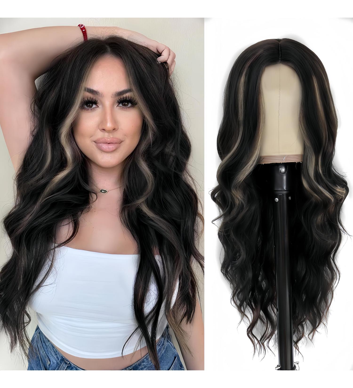 28 Inch Long Black Wigs for Women | Wavy Curly Synthetic Wig with Blonde Highlights - Perfect for Daily and Party Use - Buy Online on GoSupps.com