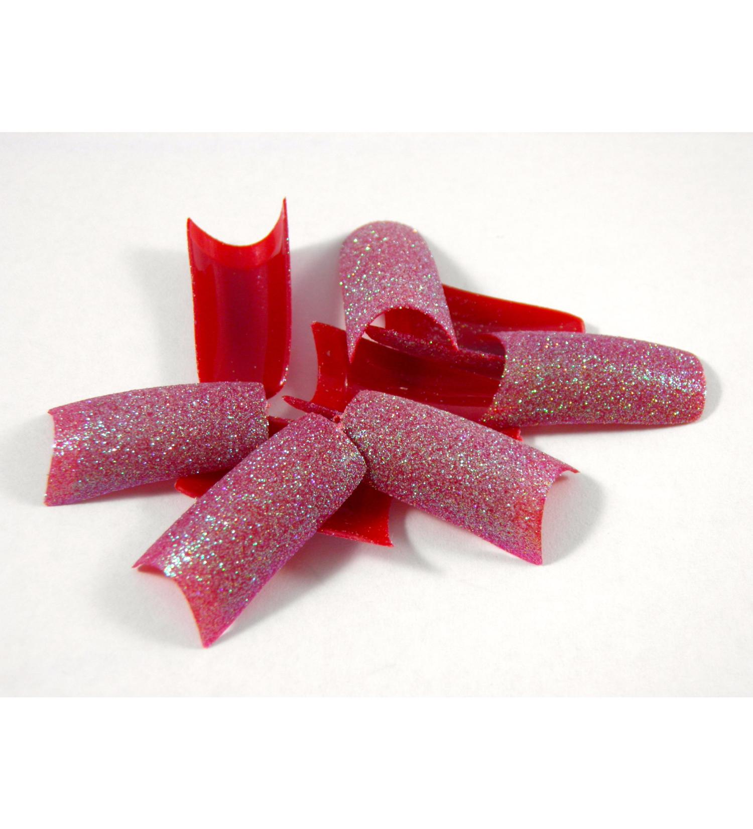 100 Red Glitter Fake Nails Nail Tips French Acrylic including Glue