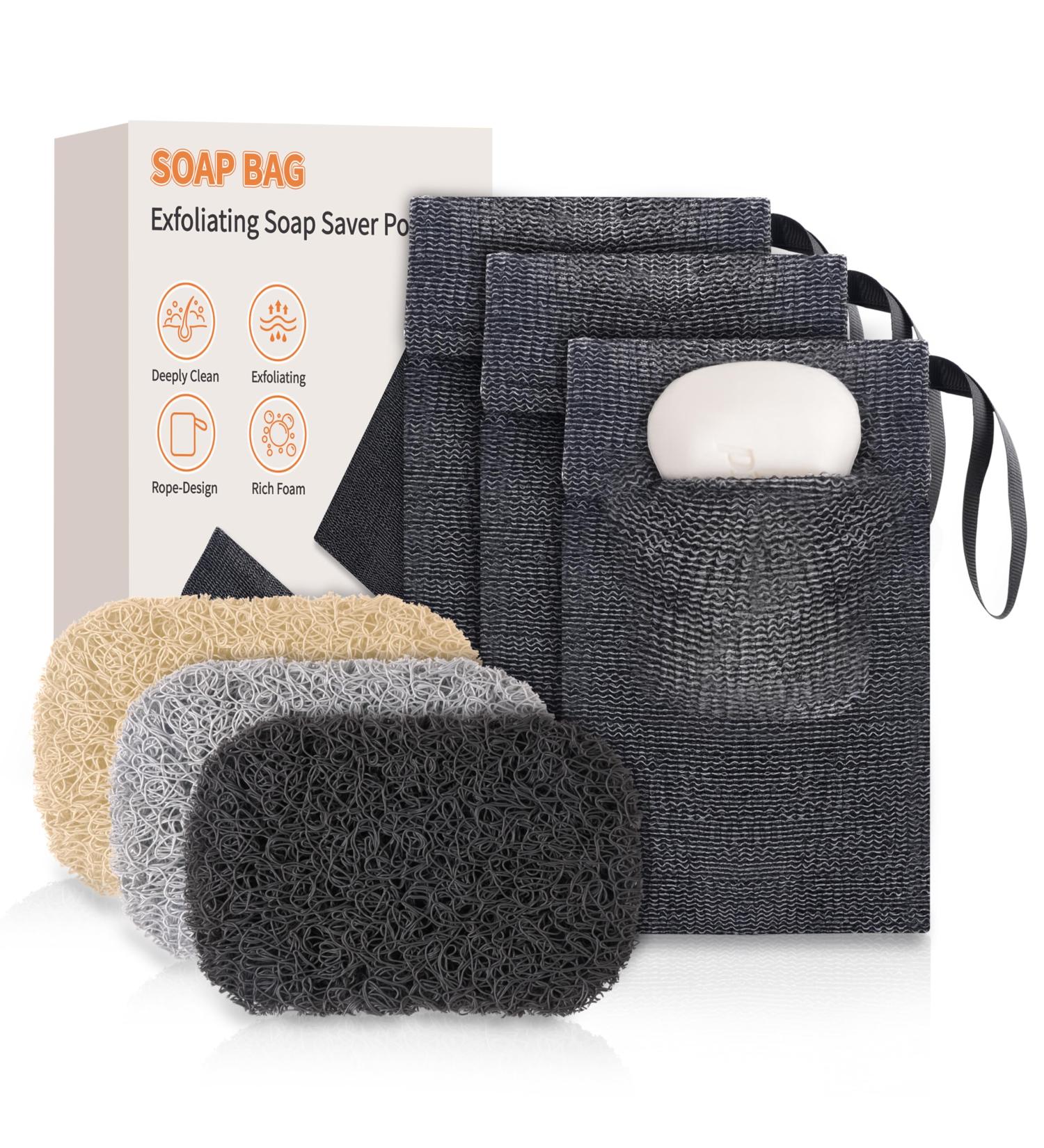 Soap Pocket Set - 3 Pcs Mesh Exfoliating Soap Pouches with Lifting Pads for Rich Foam - Gray Shower Bags for Soap Bars - International Shipping Available - Buy Online on GoSupps.com