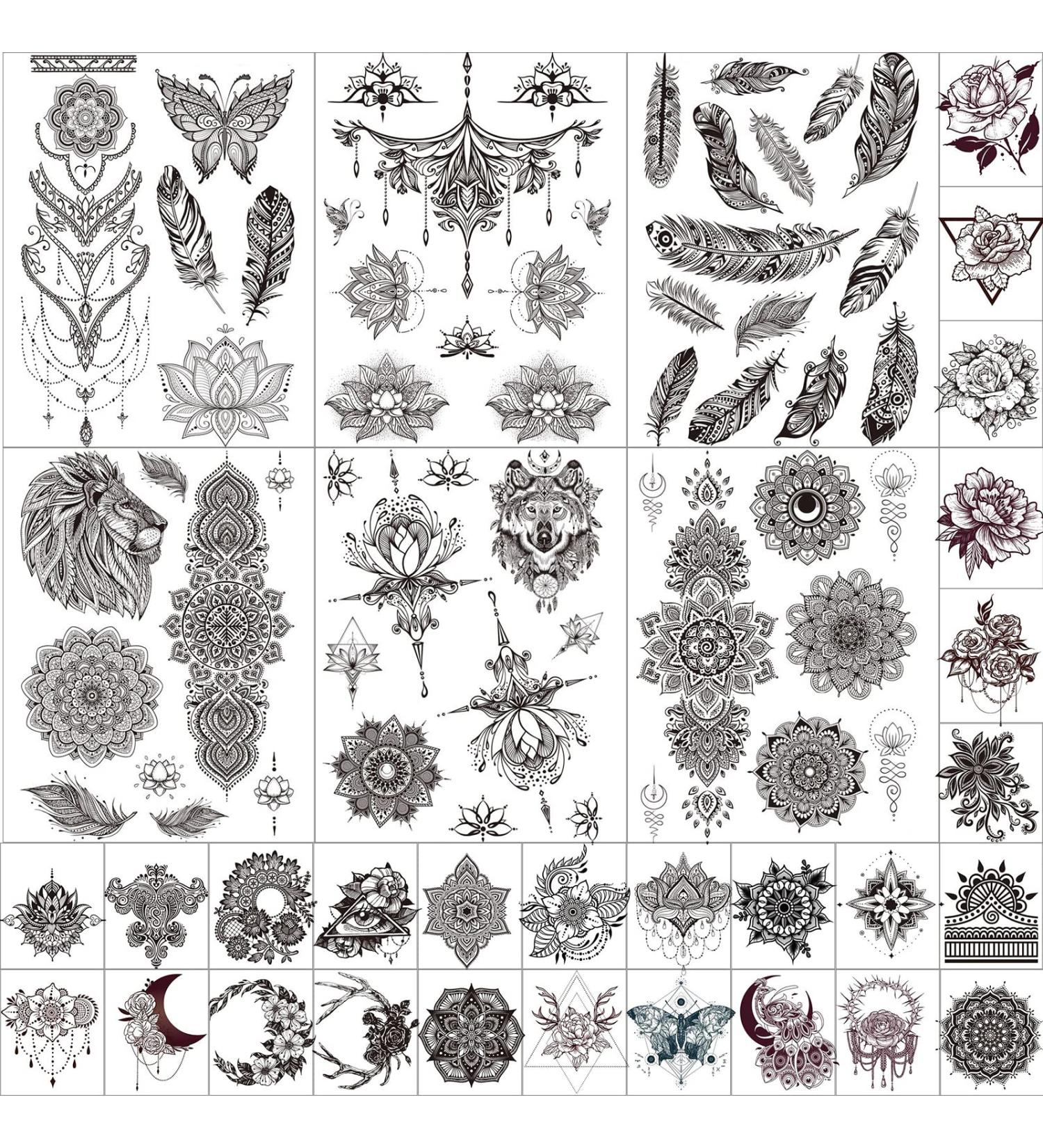 32 Sheets Black Henna Temporary Tattoos for Women - Feather Mandala Flower Body Art | Large Arm Sheet with Lace Mehndi Design - Buy Online on GoSupps.com