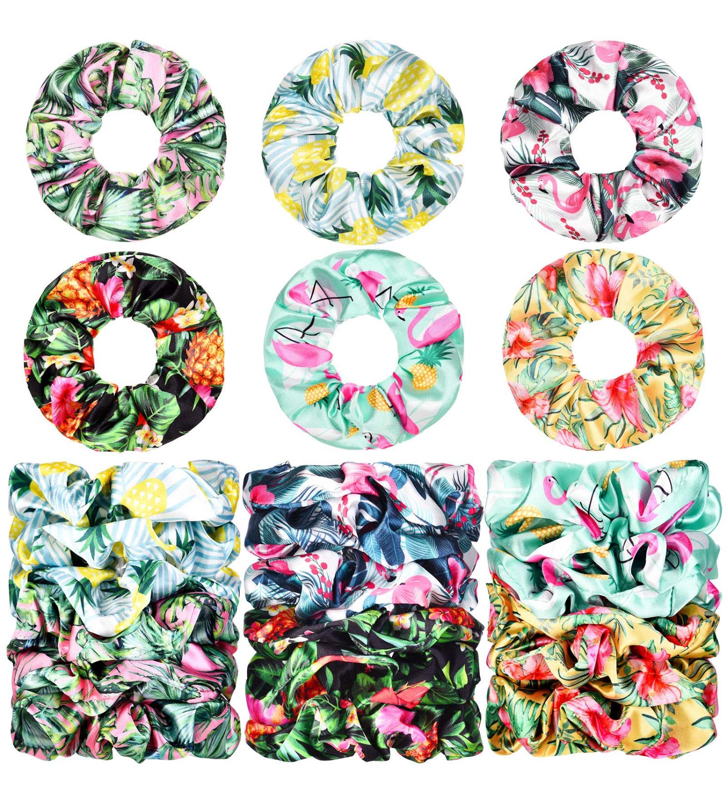 Tropical Satin Floral Hair Scrunchies Set - 18 Pieces | Summer Hair Accessories for Women and Girls - Buy Online on GoSupps.com